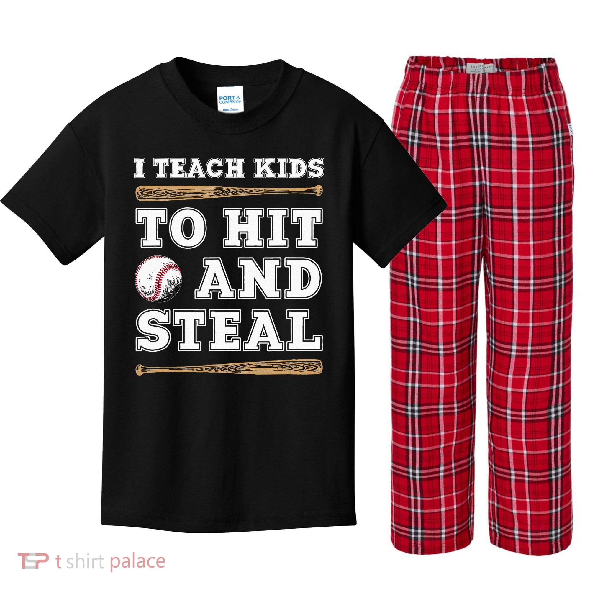 I Teach Kids To Hit And Steal Funny Baseball Coach Kids Plaid Pajama Set