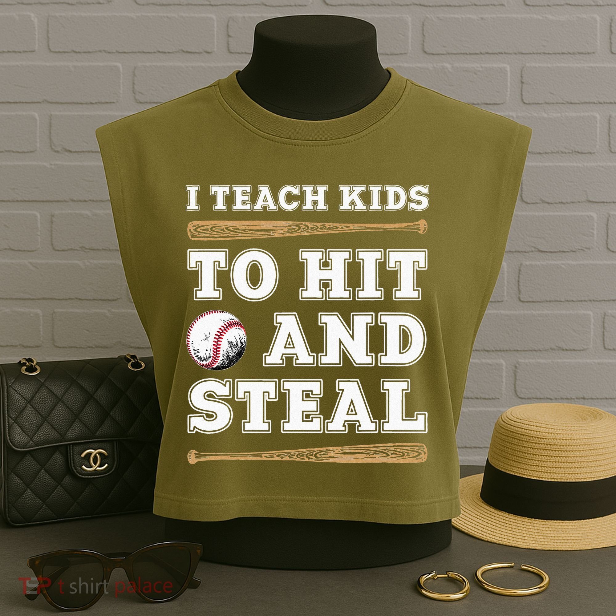 I Teach Kids To Hit And Steal Funny Baseball Coach Garment-Dyed Women's Muscle Tee