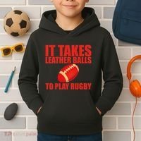 It Takes Leather Balls To Play Rugby Kids Hoodie thumb 2