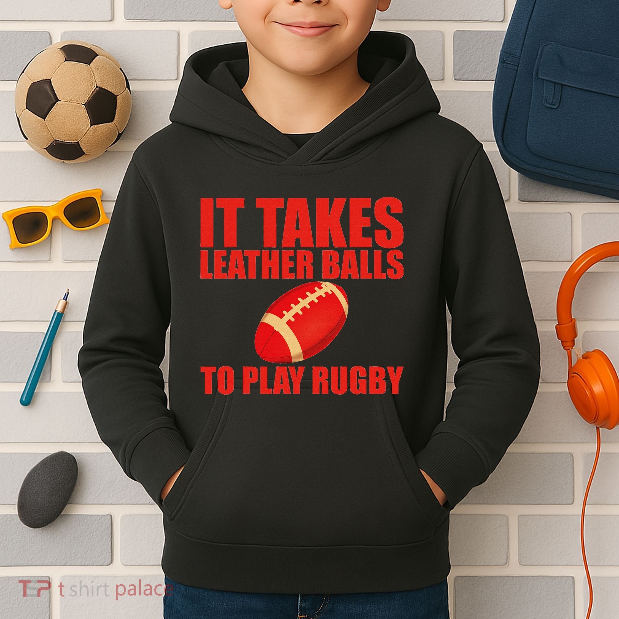 It Takes Leather Balls To Play Rugby Kids Hoodie