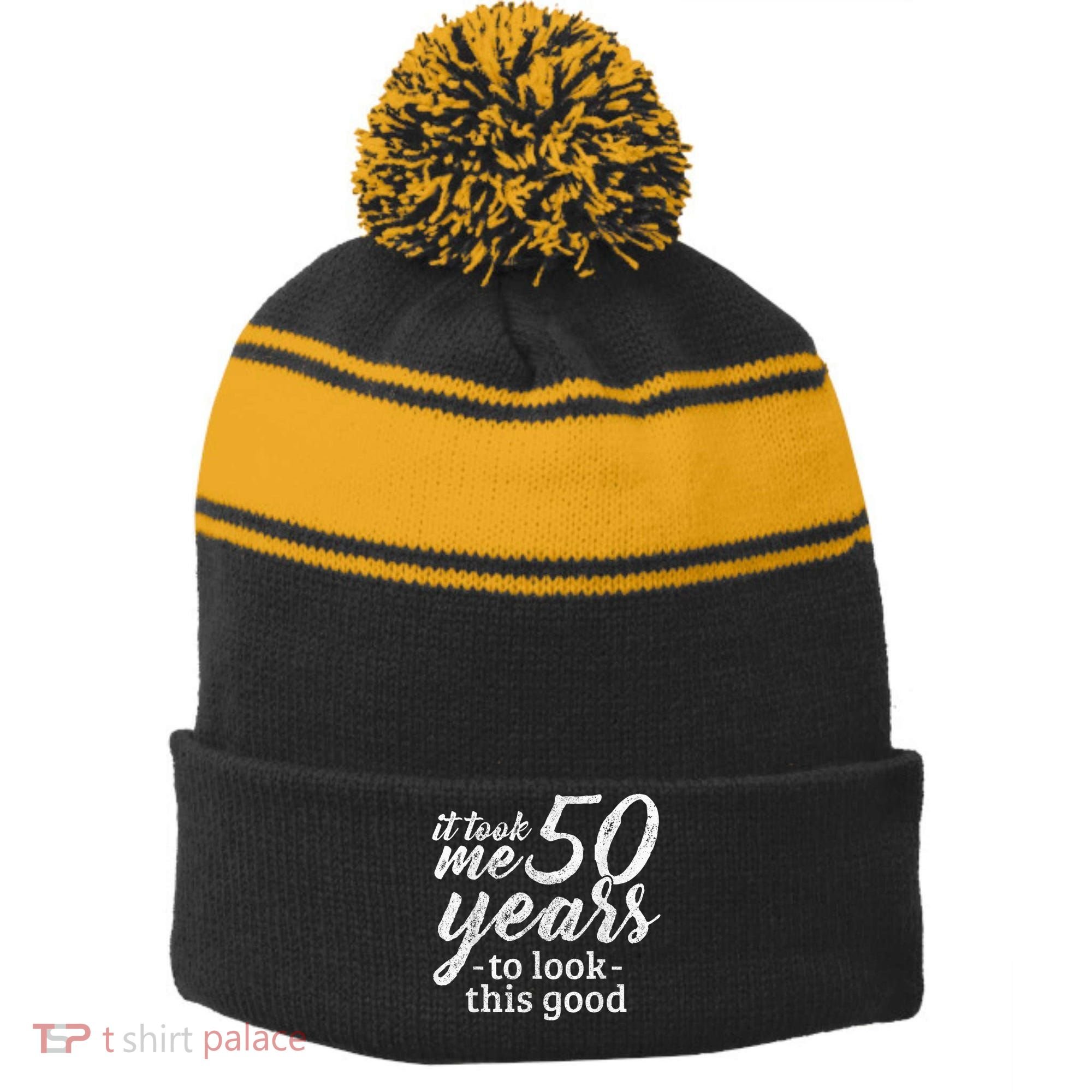 It Took Me 50 Years To Look This Good Funny 50th Birthday Stripe Pom Pom Beanie