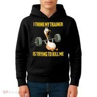 I Think My Trainer Is Trying To Kill Me Funny Workout Gym Kids Hoodie thumb 4