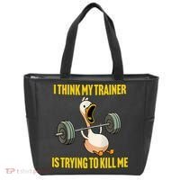 I Think My Trainer Is Trying To Kill Me Funny Workout Gym Tote Bag thumb 0