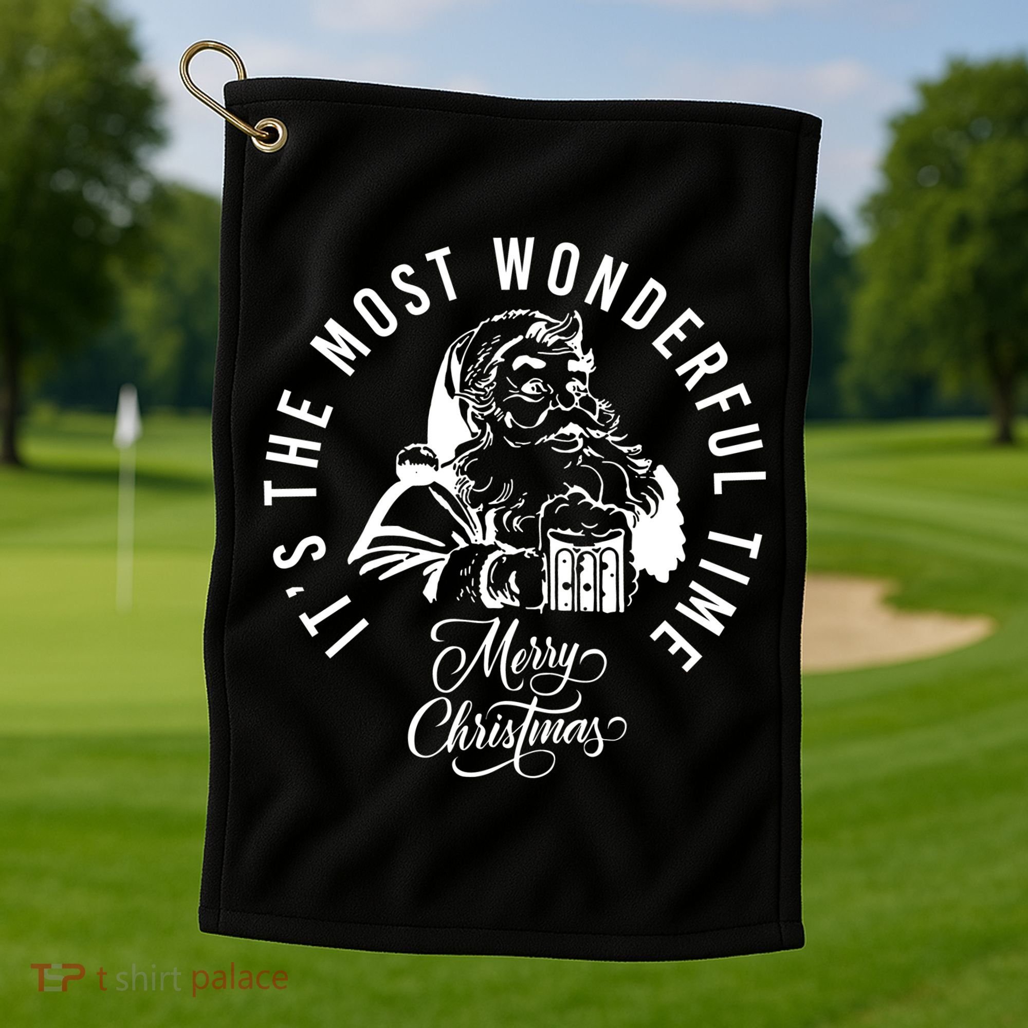 It's The Most Wonderful Time Santa Drinking Beer Christmas Golf Towel