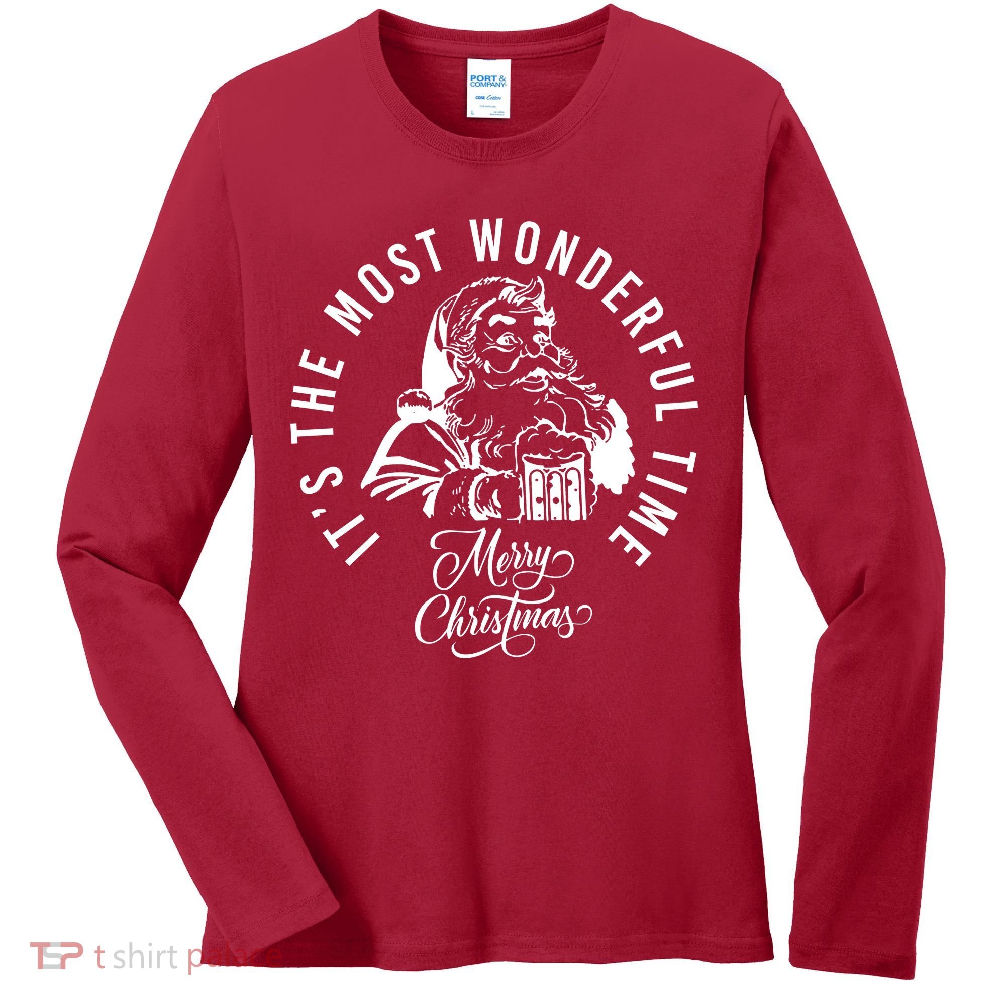 It's The Most Wonderful Time Santa Drinking Beer Christmas Women's Long Sleeve Shirt