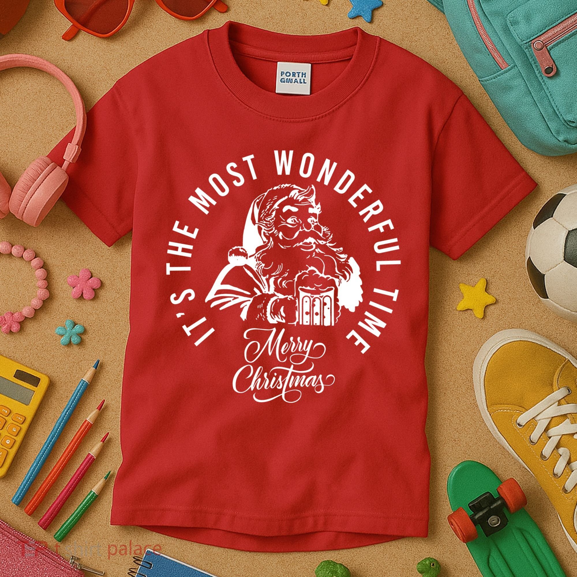 It's The Most Wonderful Time Santa Drinking Beer Christmas Kids T-Shirt
