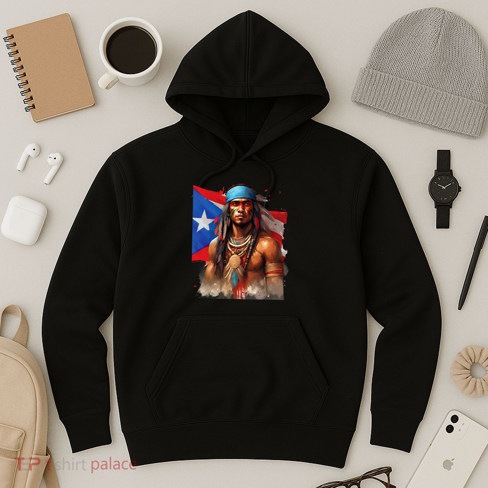 Indigenous Taino Man Warrior Puerto Rican Flag Caribbean Hoodie
