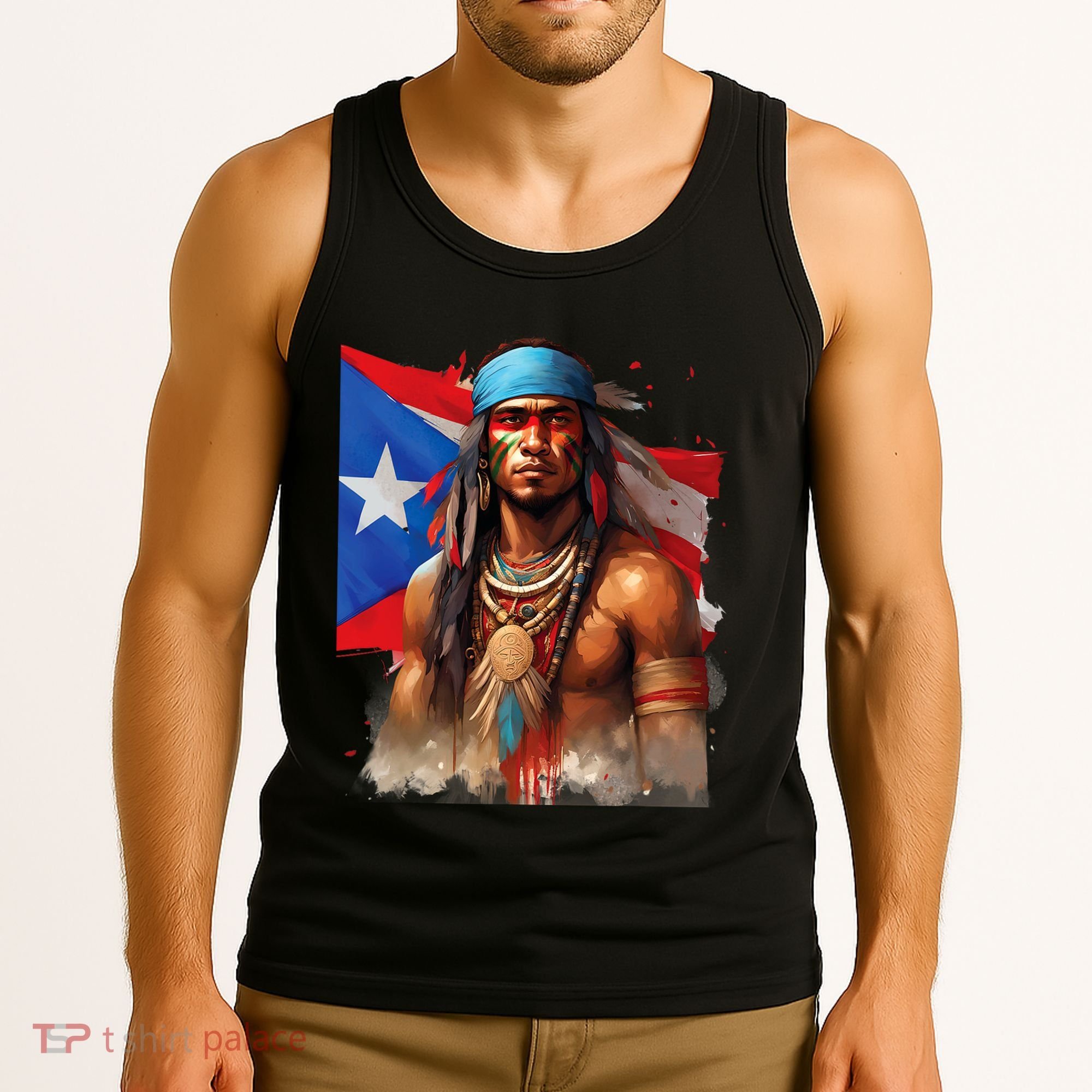 Indigenous Taino Man Warrior Puerto Rican Flag Caribbean Tank Top
