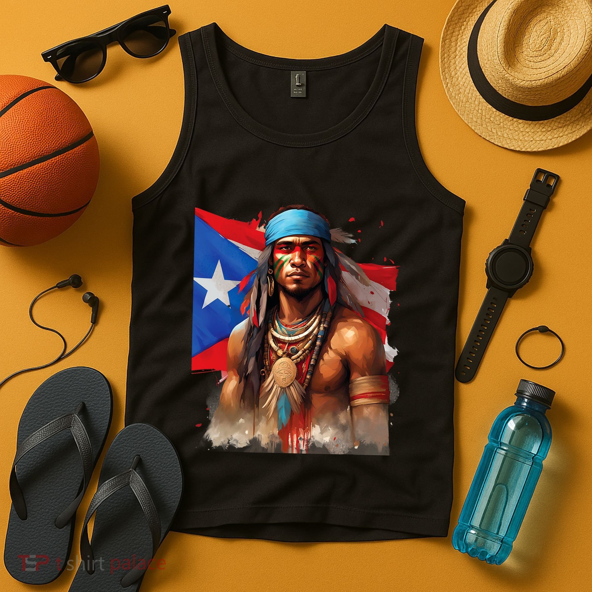 Indigenous Taino Man Warrior Puerto Rican Flag Caribbean Tank Top