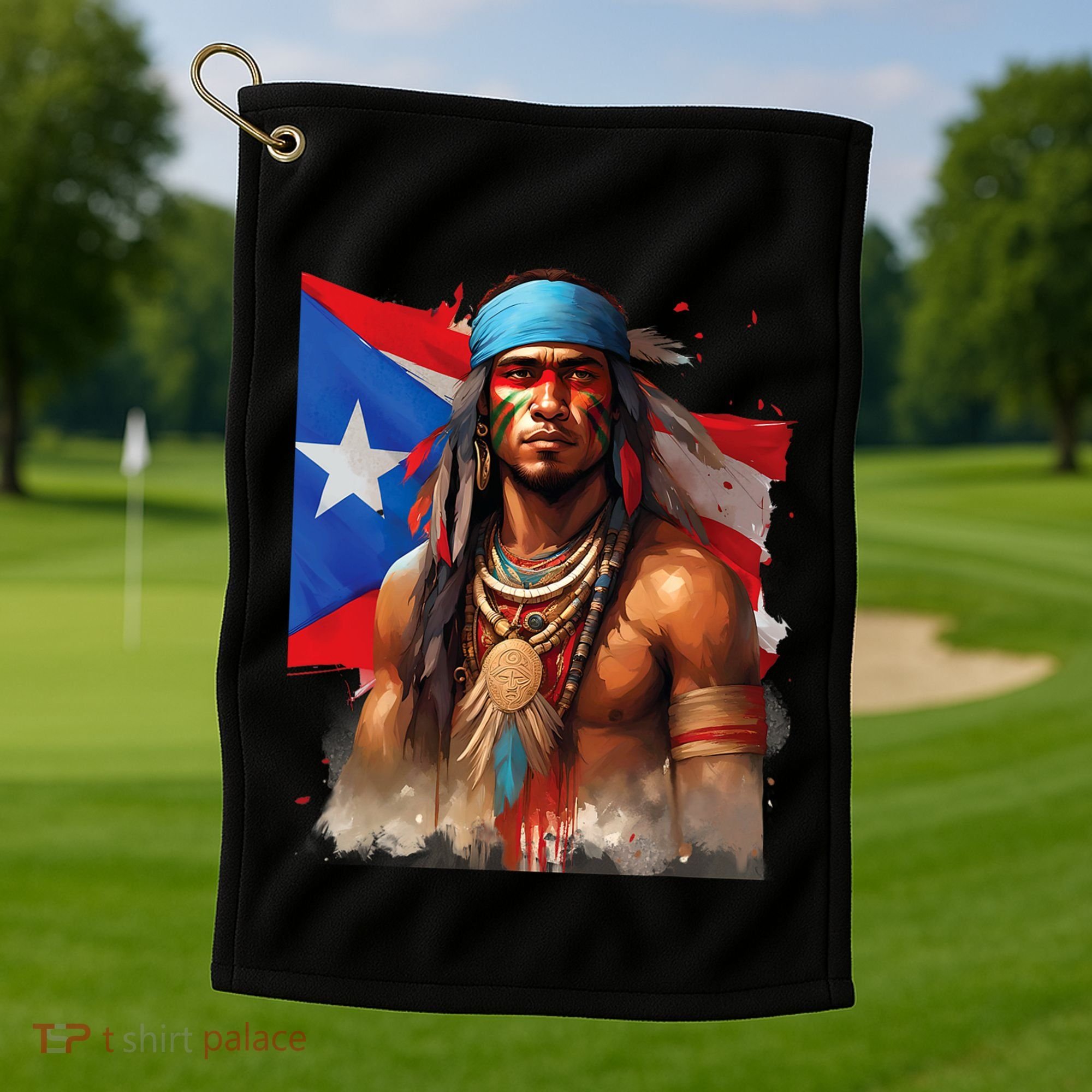 Indigenous Taino Man Warrior Puerto Rican Flag Caribbean Golf Towel