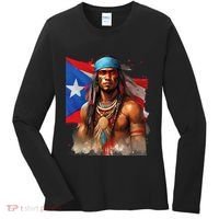 Indigenous Taino Man Warrior Puerto Rican Flag Caribbean Women's Long Sleeve Shirt thumb 0