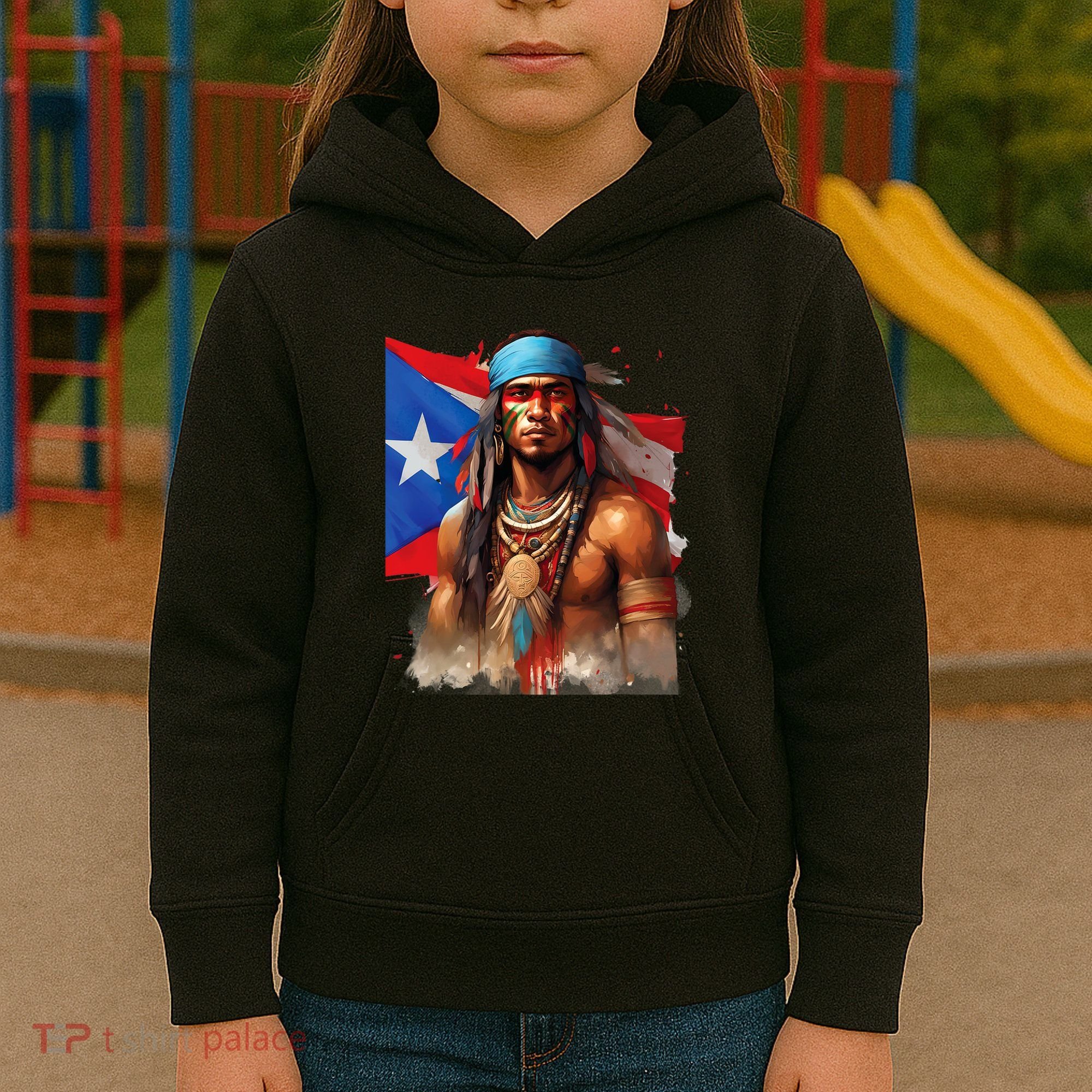 Indigenous Taino Man Warrior Puerto Rican Flag Caribbean Kids Hoodie