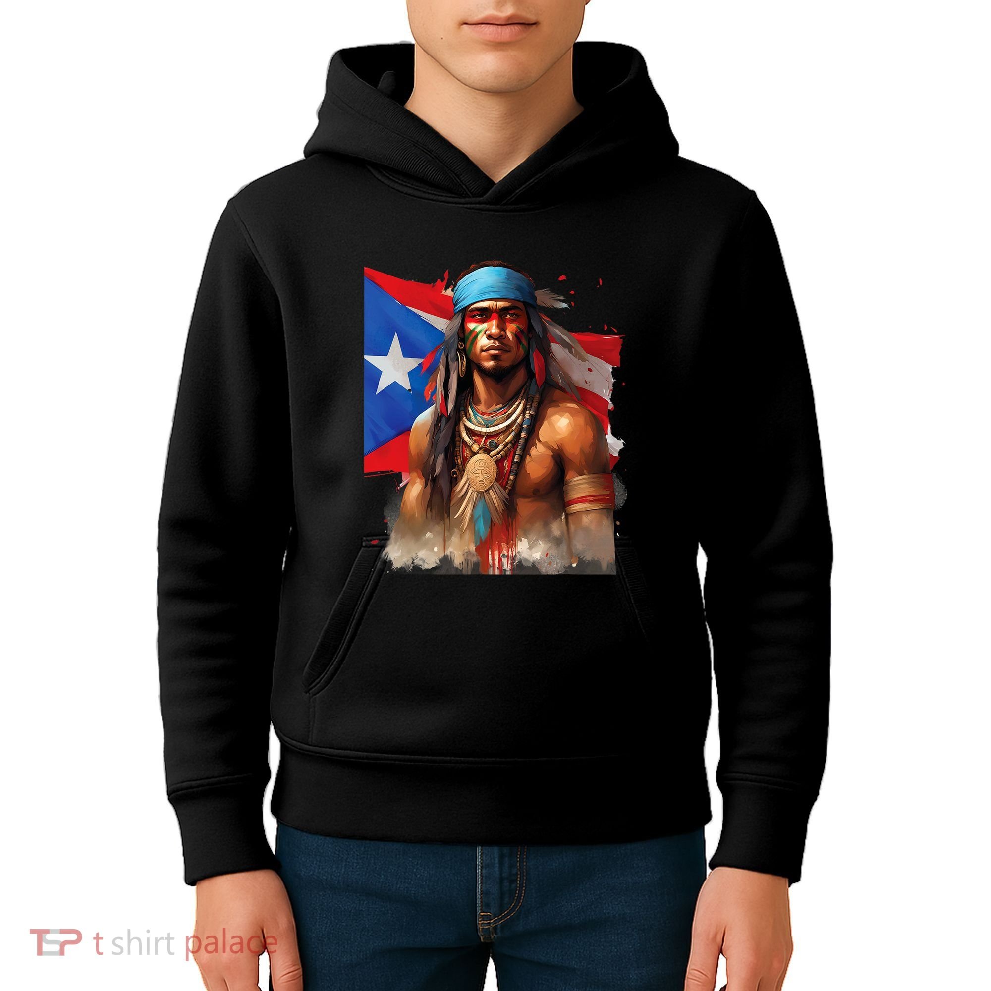 Indigenous Taino Man Warrior Puerto Rican Flag Caribbean Kids Hoodie