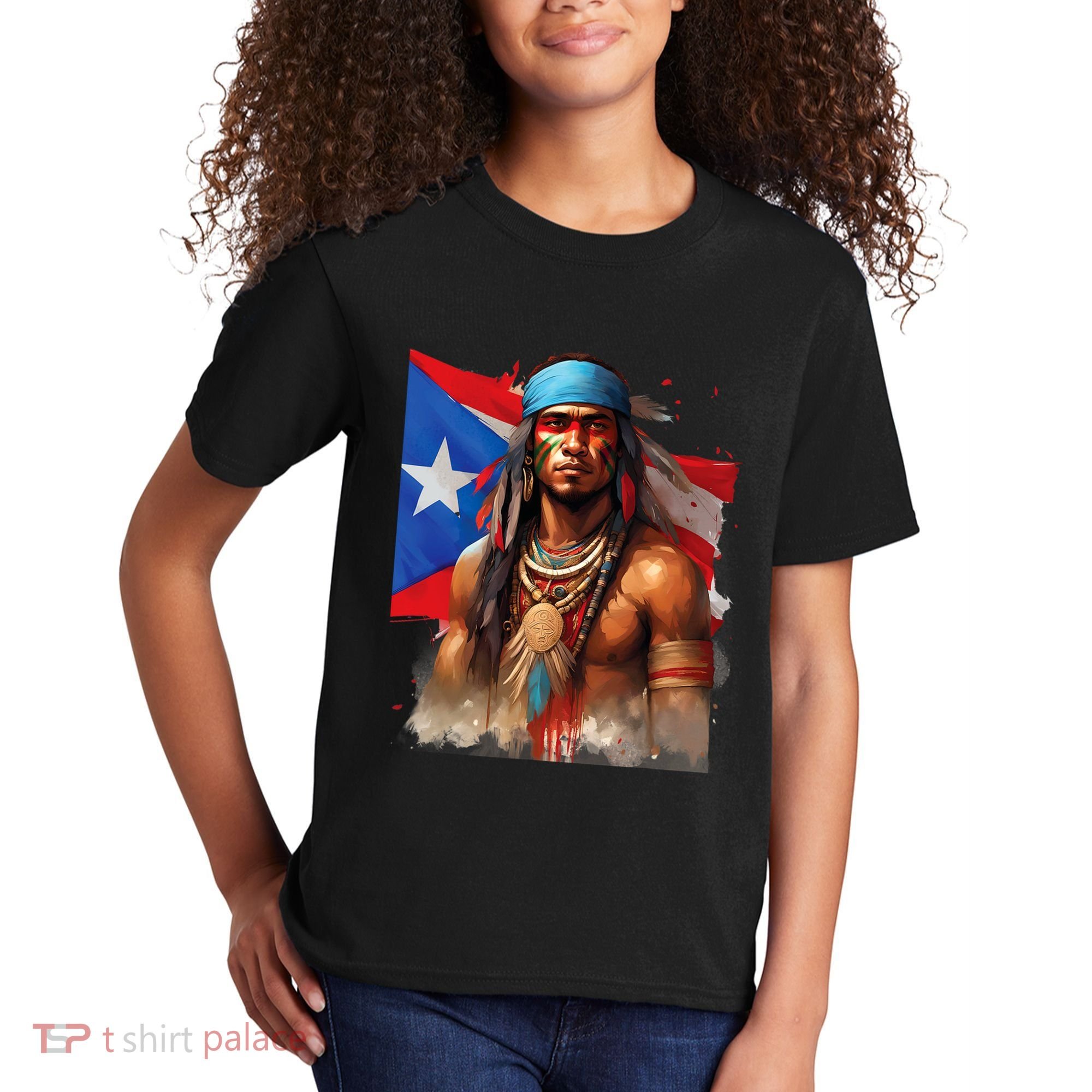 Indigenous Taino Man Warrior Puerto Rican Flag Caribbean Kids T-Shirt