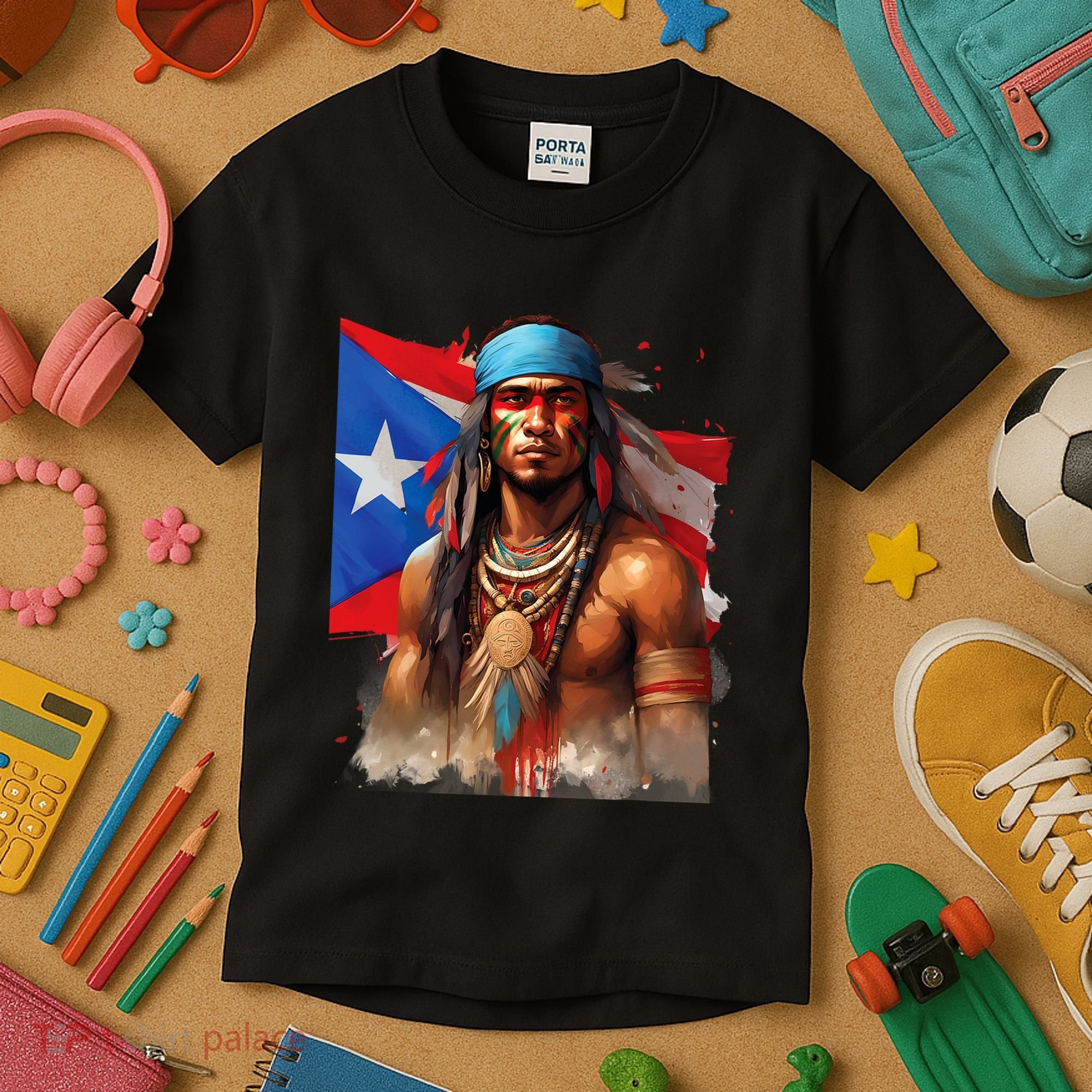 Indigenous Taino Man Warrior Puerto Rican Flag Caribbean Kids T-Shirt