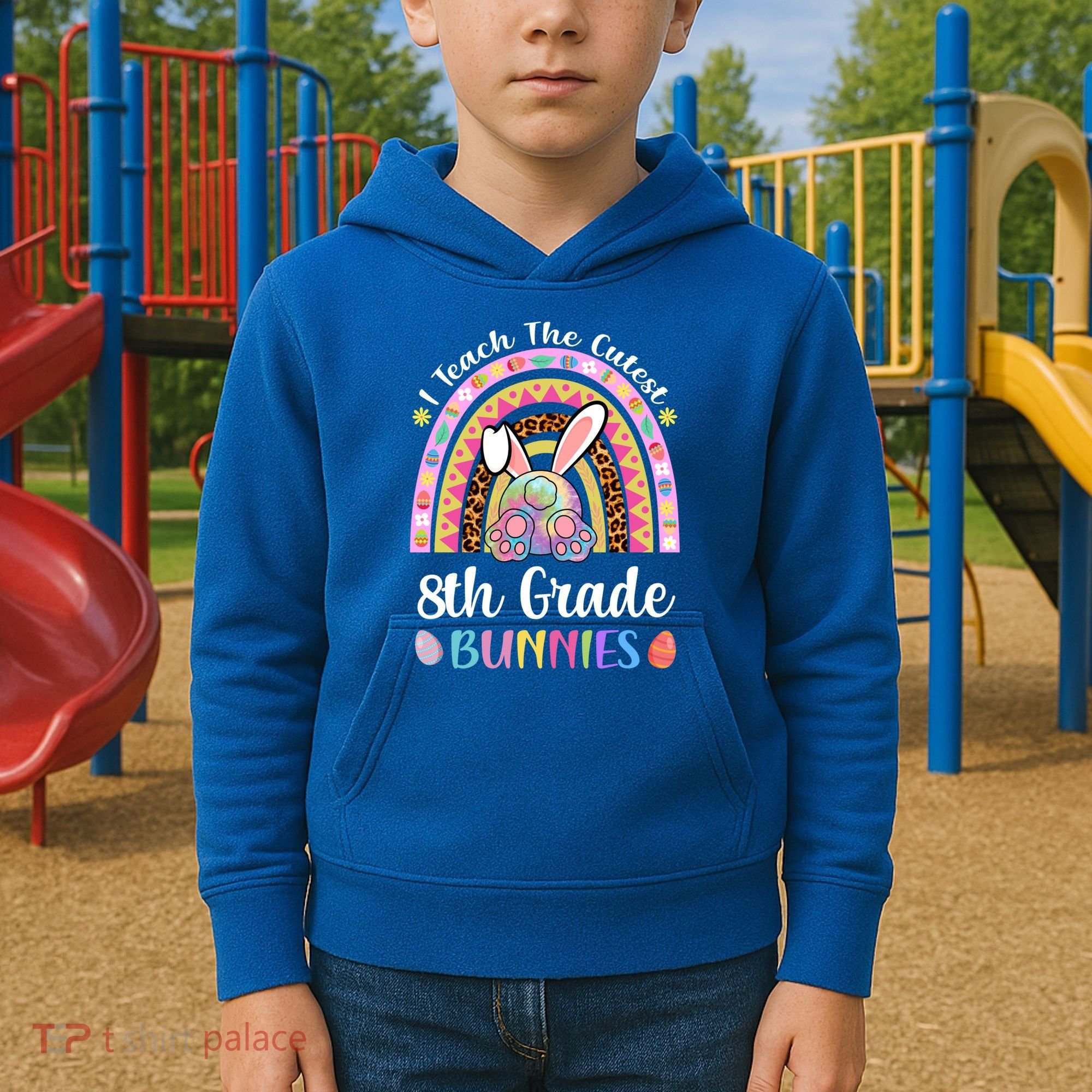 I Teach The Cutest 8th Grade Bunnies Teacher Easter Rainbow Cute Gift Kids Hoodie