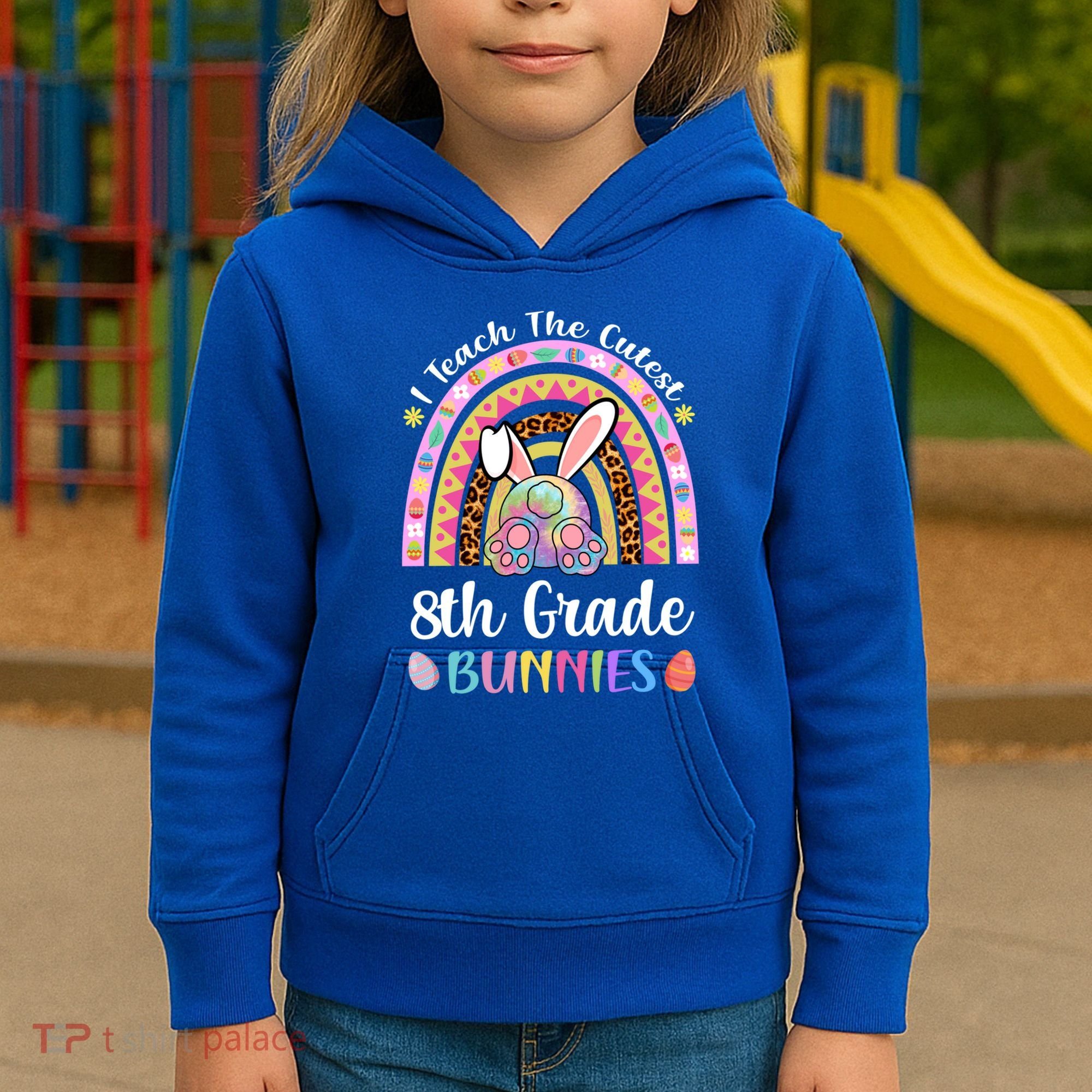 I Teach The Cutest 8th Grade Bunnies Teacher Easter Rainbow Cute Gift Kids Hoodie