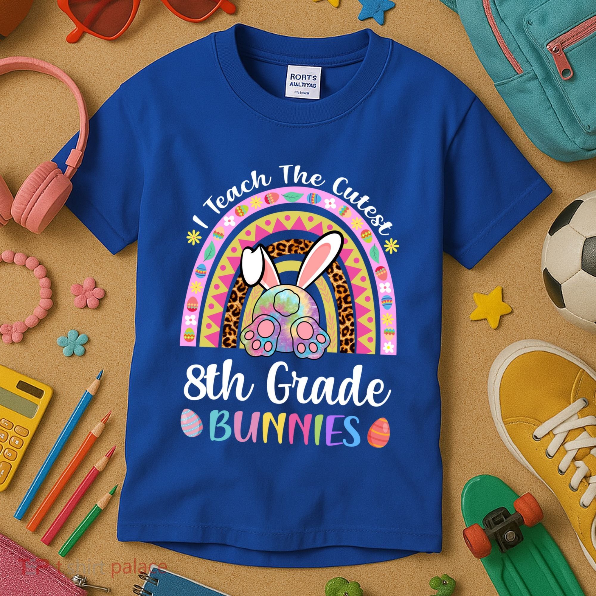 I Teach The Cutest 8th Grade Bunnies Teacher Easter Rainbow Cute Gift Kids T-Shirt