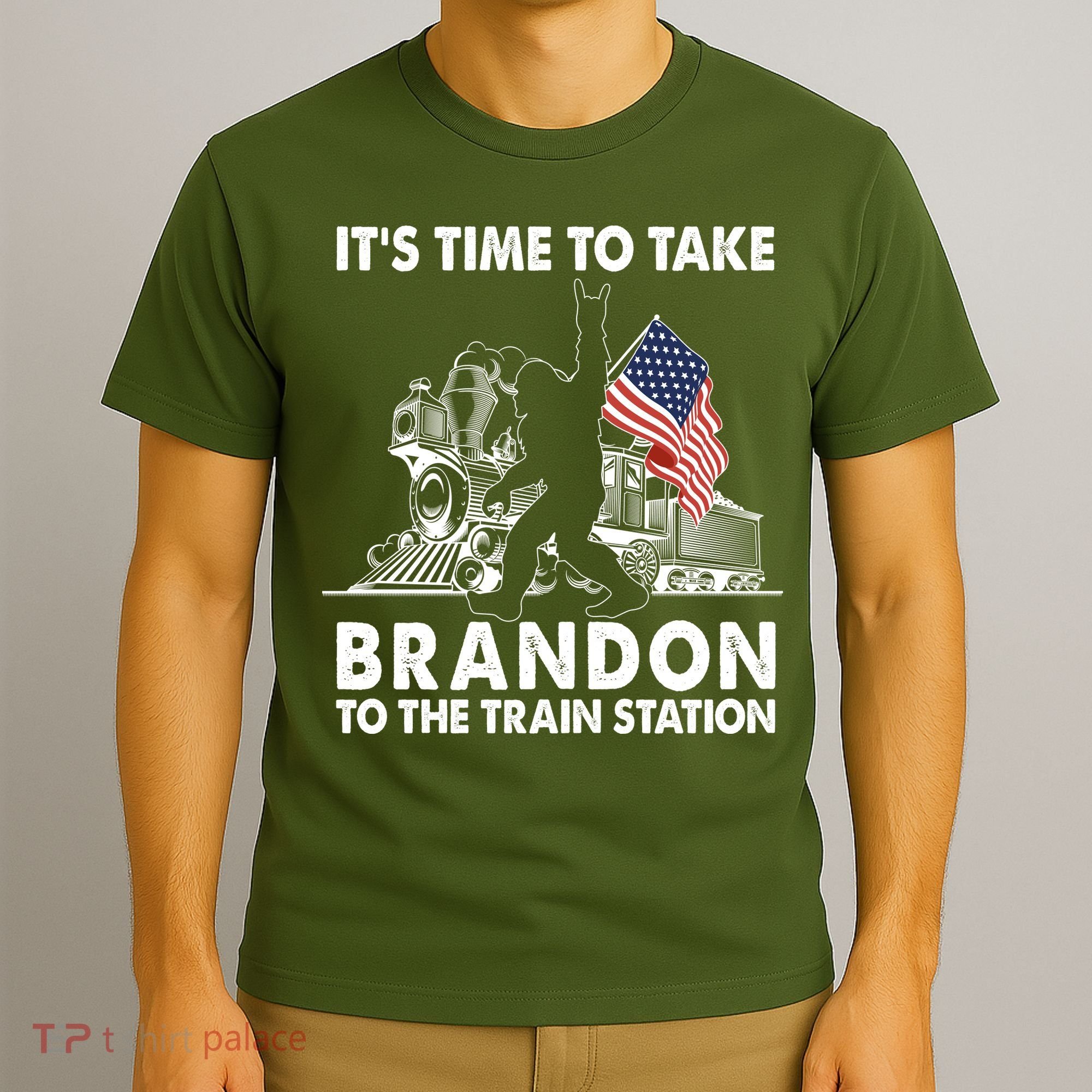 It's Time To Take Brandon To The Train Station Bigfoot USA Flag T-Shirt