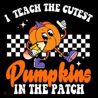 I Teach The Cutest Pumpkins Retro Teacher Halloween Stripe Pom Pom Beanie thumb 2