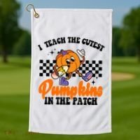 I Teach The Cutest Pumpkins Retro Teacher Halloween Golf Towel thumb 1