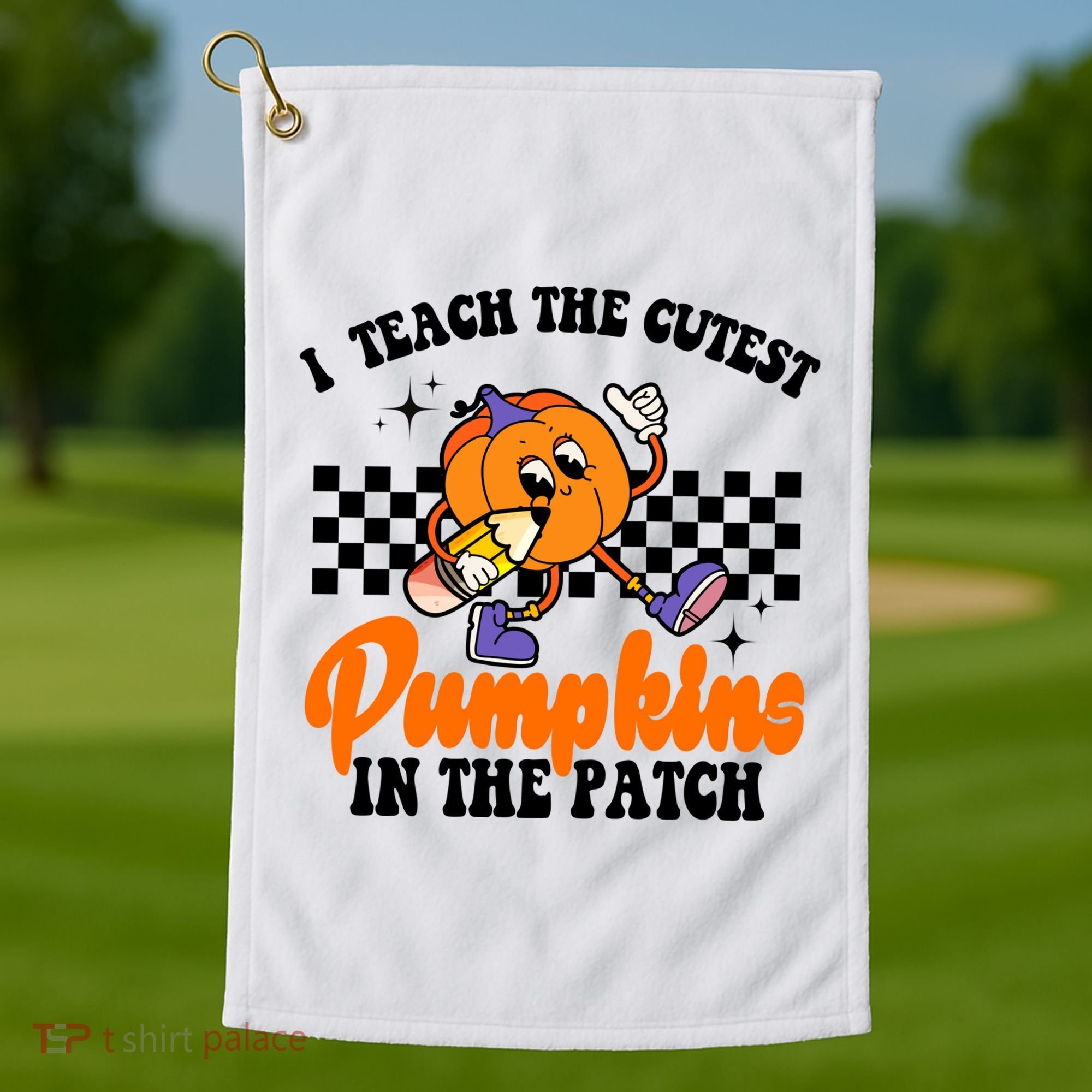 I Teach The Cutest Pumpkins Retro Teacher Halloween Golf Towel