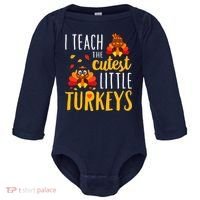 I Teach The Cutest Little Turkeys School Thankful Baby Long Sleeve Bodysuit thumb 0
