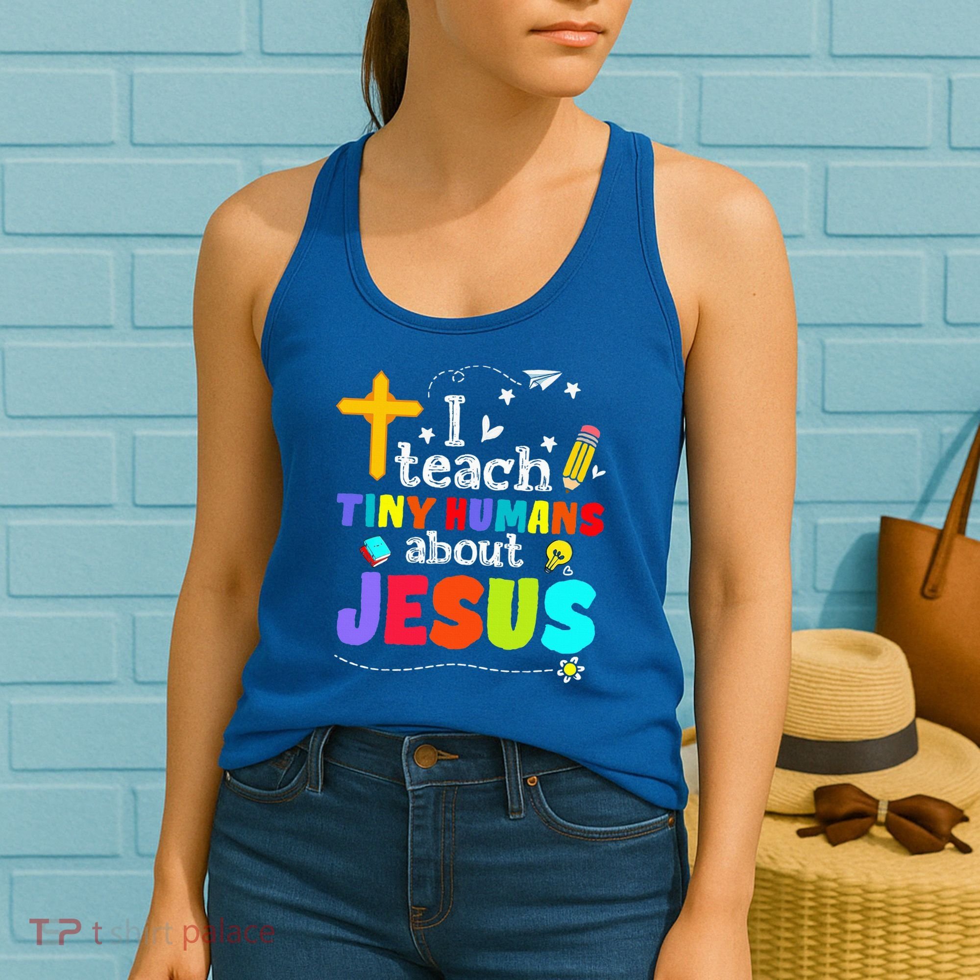 I Teach Tiny Humans About Jesus Sunday School Teacher Bible Women's Tank Top