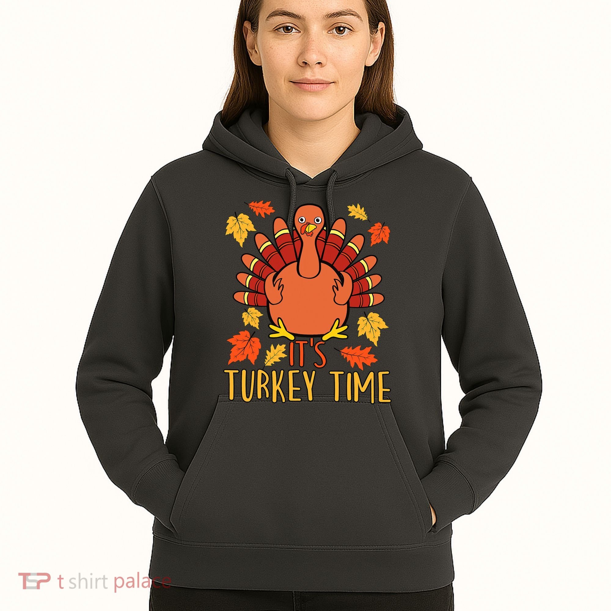 It's Turkey Time Thanksgiving For Women Falling Leaf Hoodie