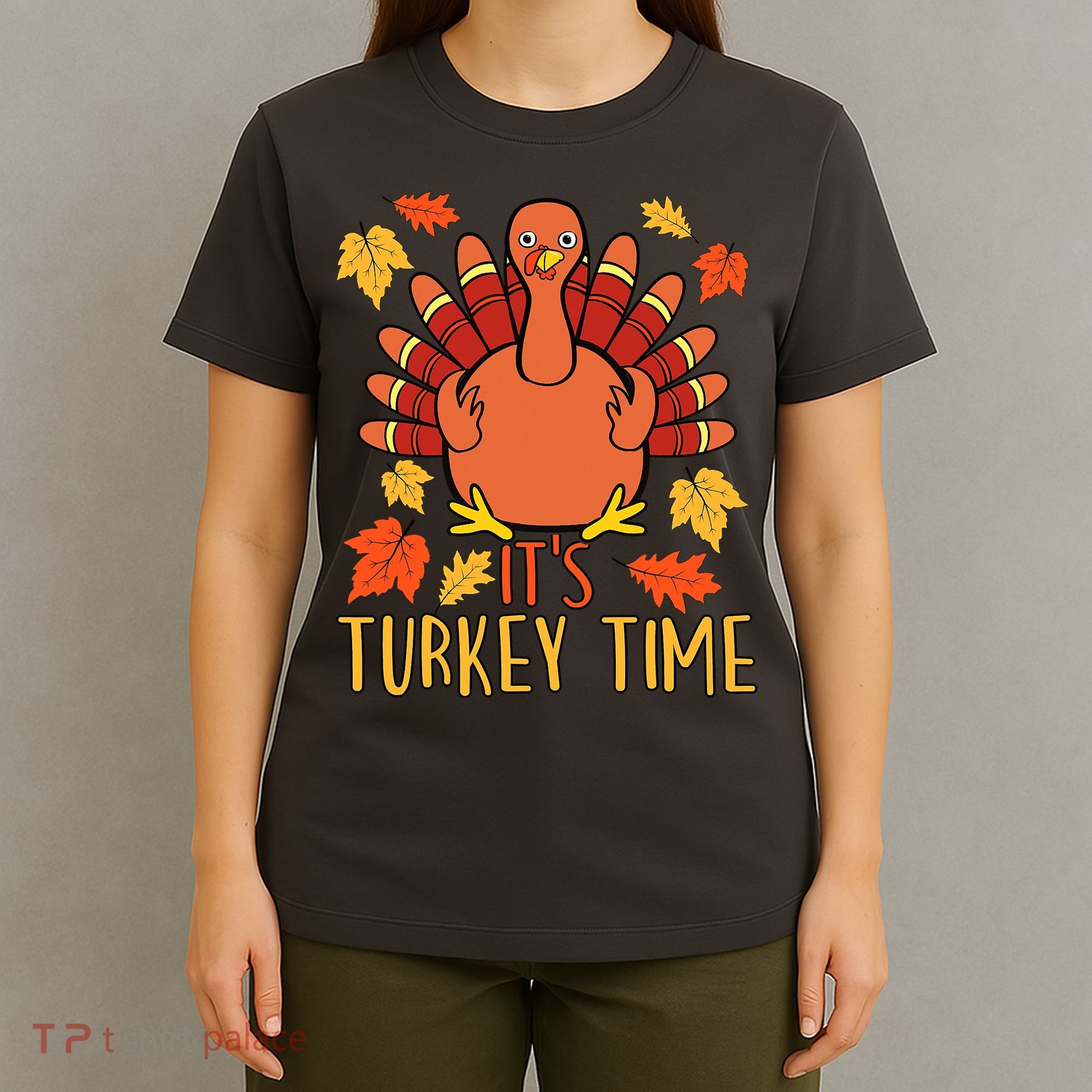 It's Turkey Time Thanksgiving For Women Falling Leaf T-Shirt