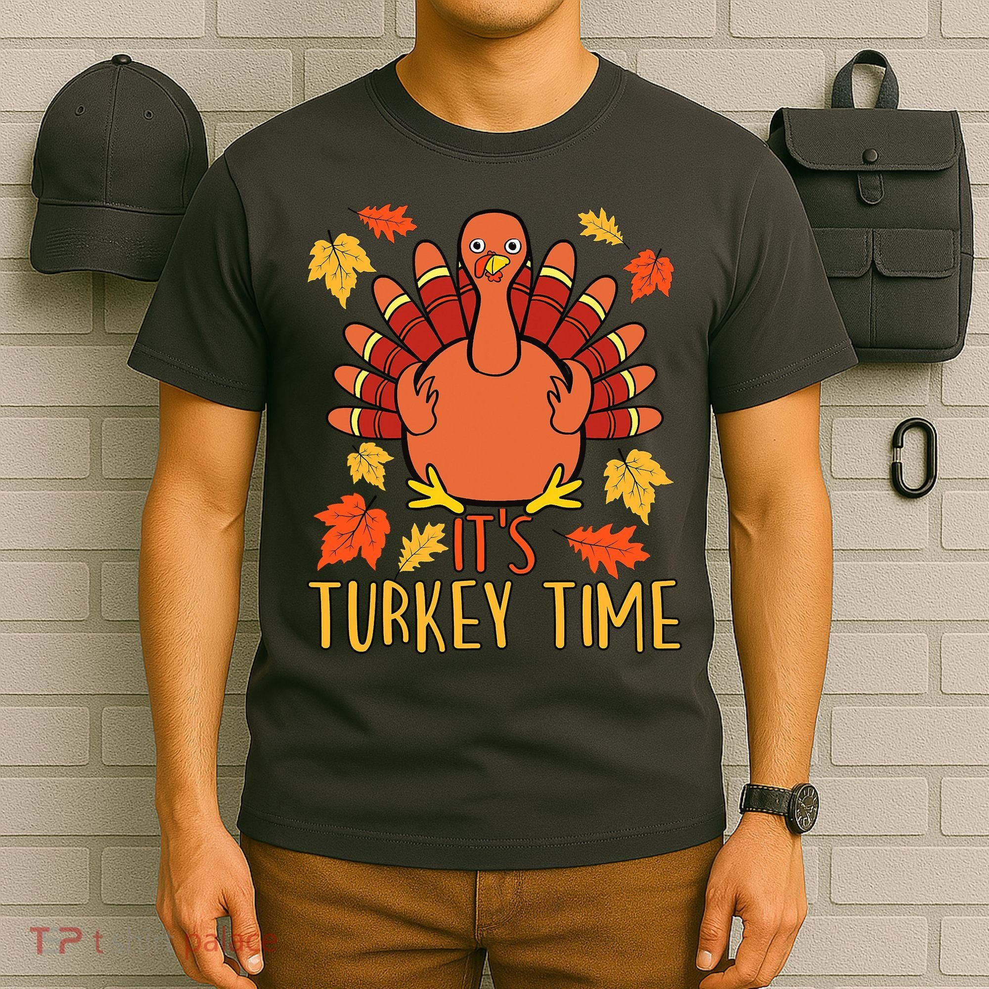 It's Turkey Time Thanksgiving For Women Falling Leaf T-Shirt