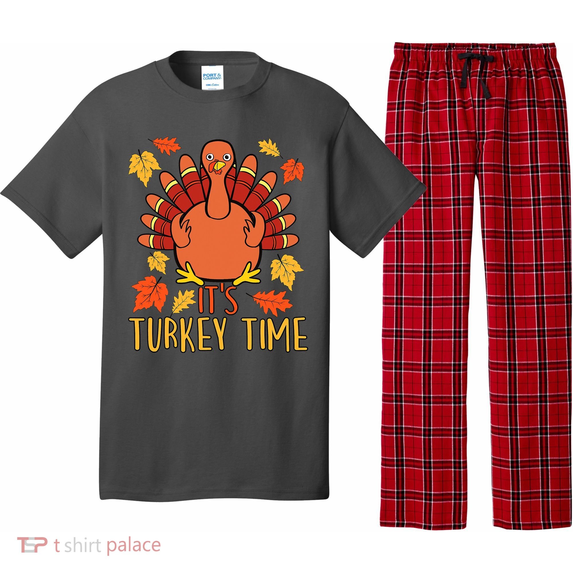 It's Turkey Time Thanksgiving For Women Falling Leaf Pajama Set
