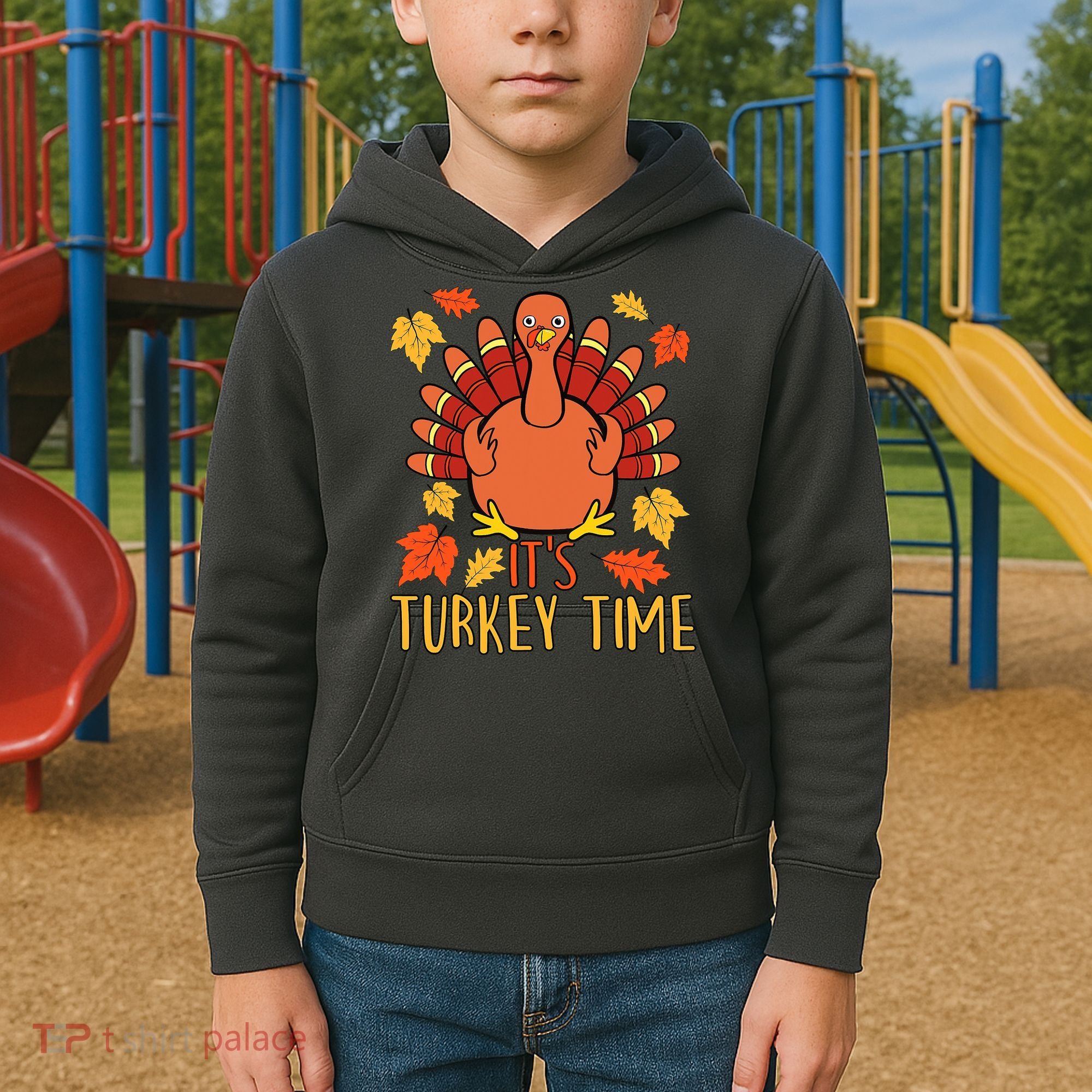 It's Turkey Time Thanksgiving For Women Falling Leaf Kids Hoodie