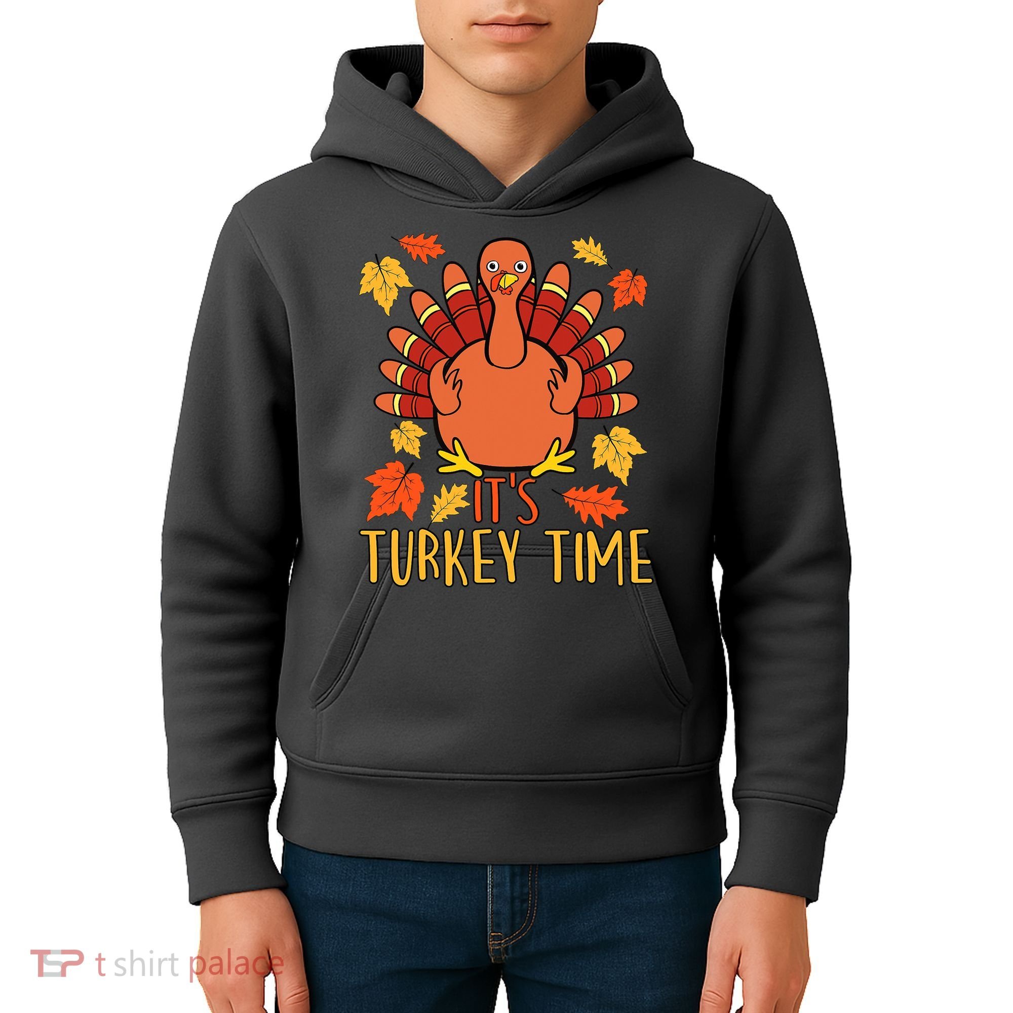 It's Turkey Time Thanksgiving For Women Falling Leaf Kids Hoodie