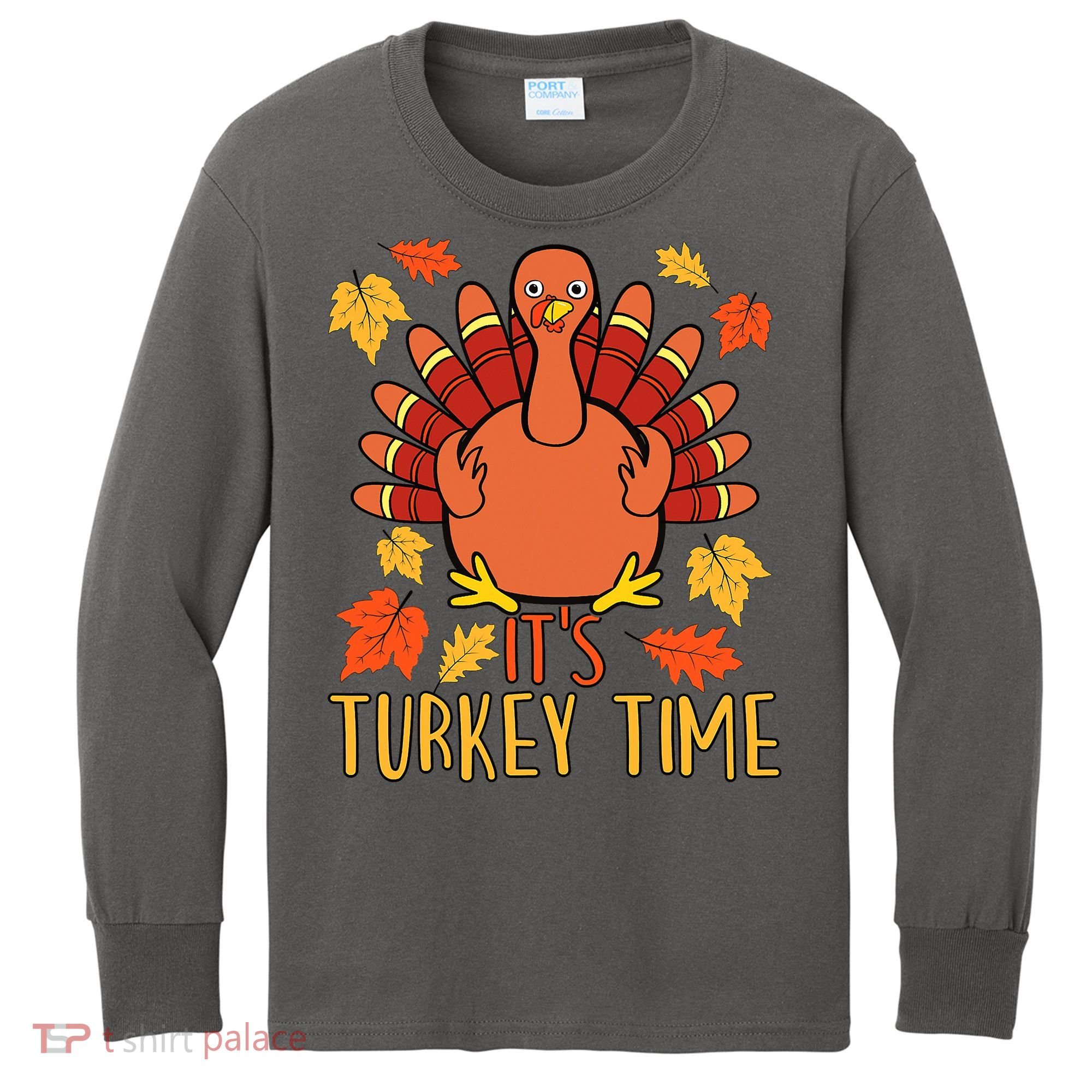 It's Turkey Time Thanksgiving For Women Falling Leaf Kids Long Sleeve Shirt