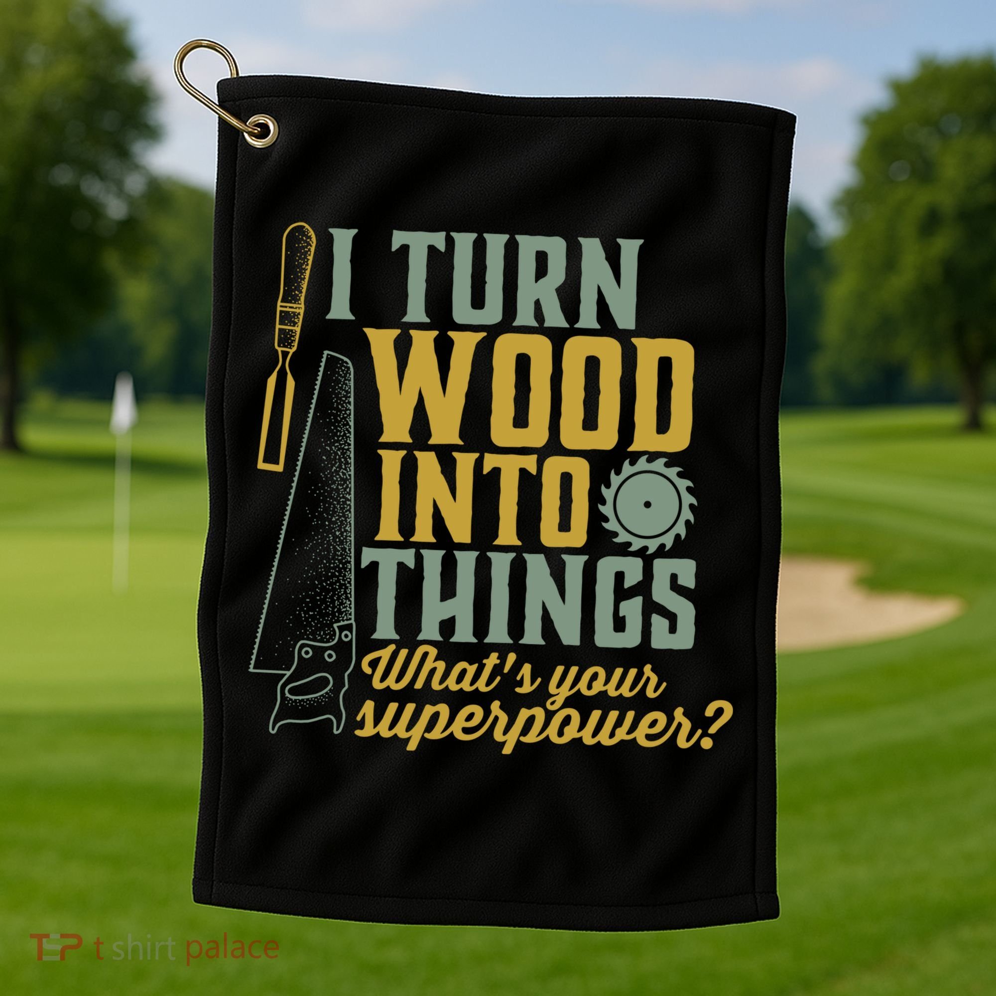 I Turn Wood Into Things Funny Woodworker Carpenter Gift Golf Towel