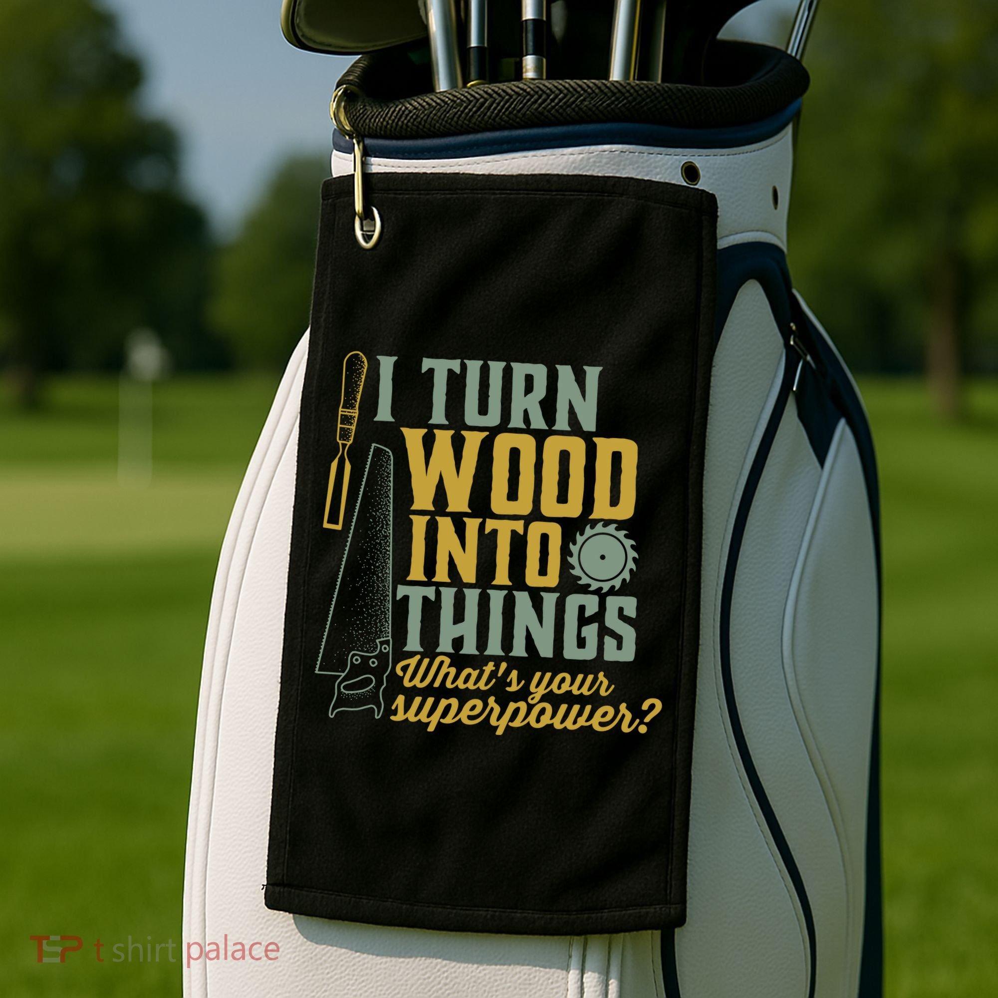 I Turn Wood Into Things Funny Woodworker Carpenter Gift Golf Towel