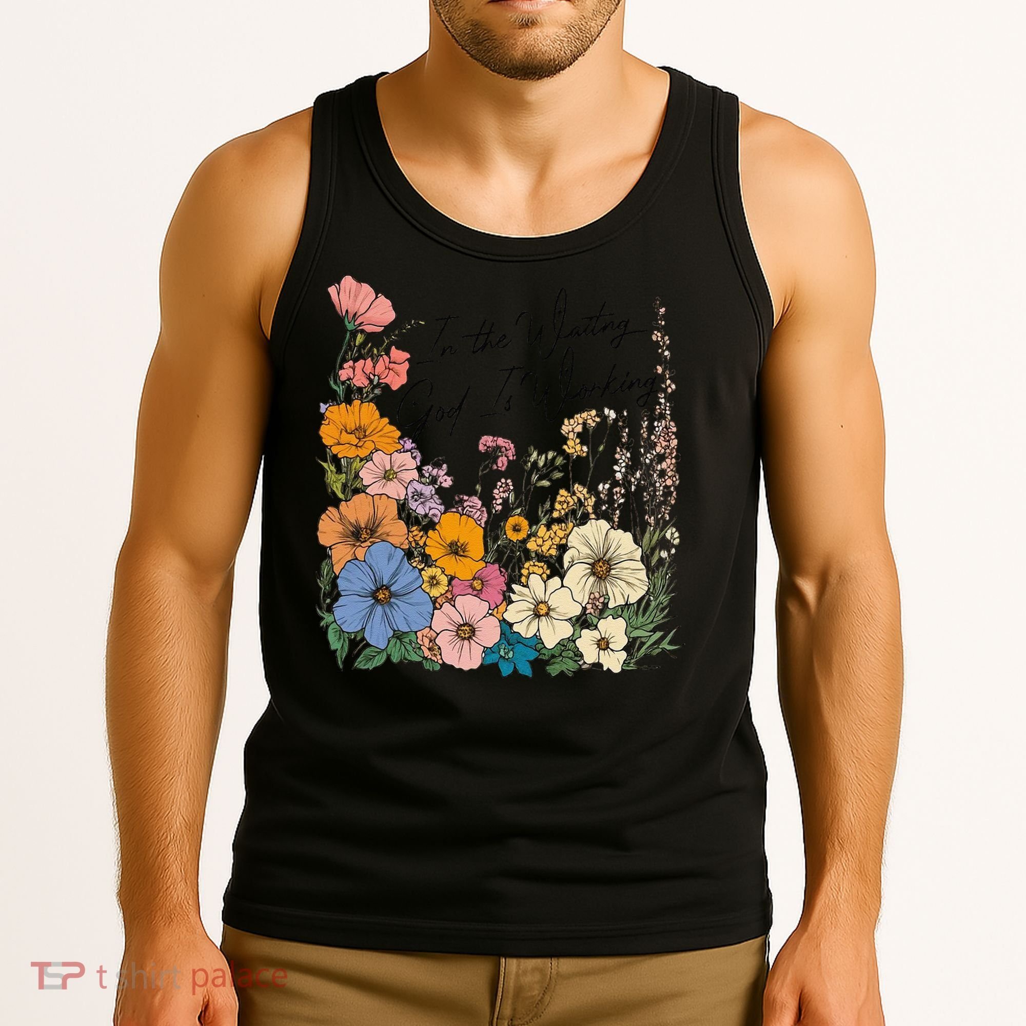 In The Waiting God Is Working Floral Wildflower Jesus Tank Top