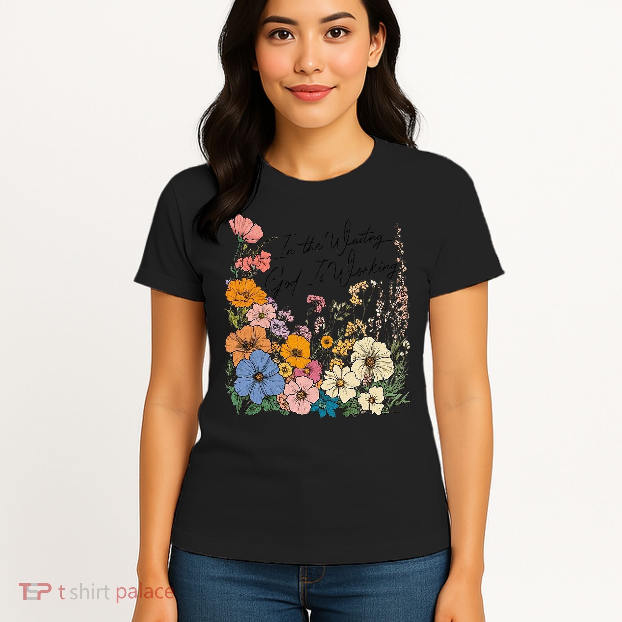 In The Waiting God Is Working Floral Wildflower Jesus Women's T-Shirt
