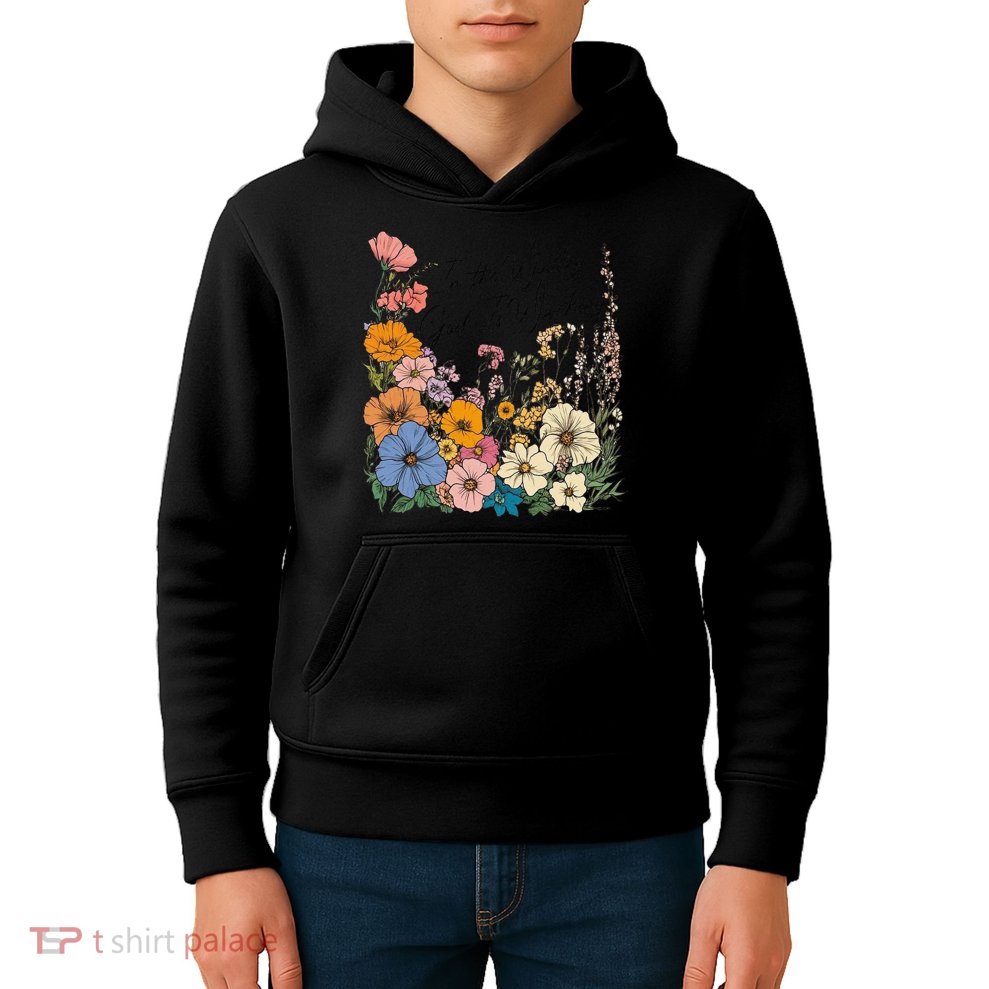 In The Waiting God Is Working Floral Wildflower Jesus Kids Hoodie