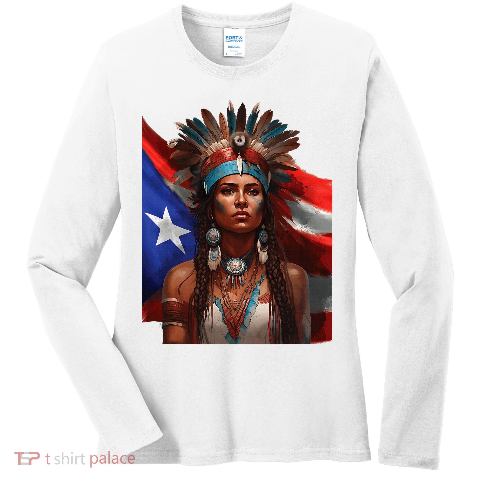 Indigenous Taino Woman Puerto Rican Flag Caribbean Women's Long Sleeve Shirt