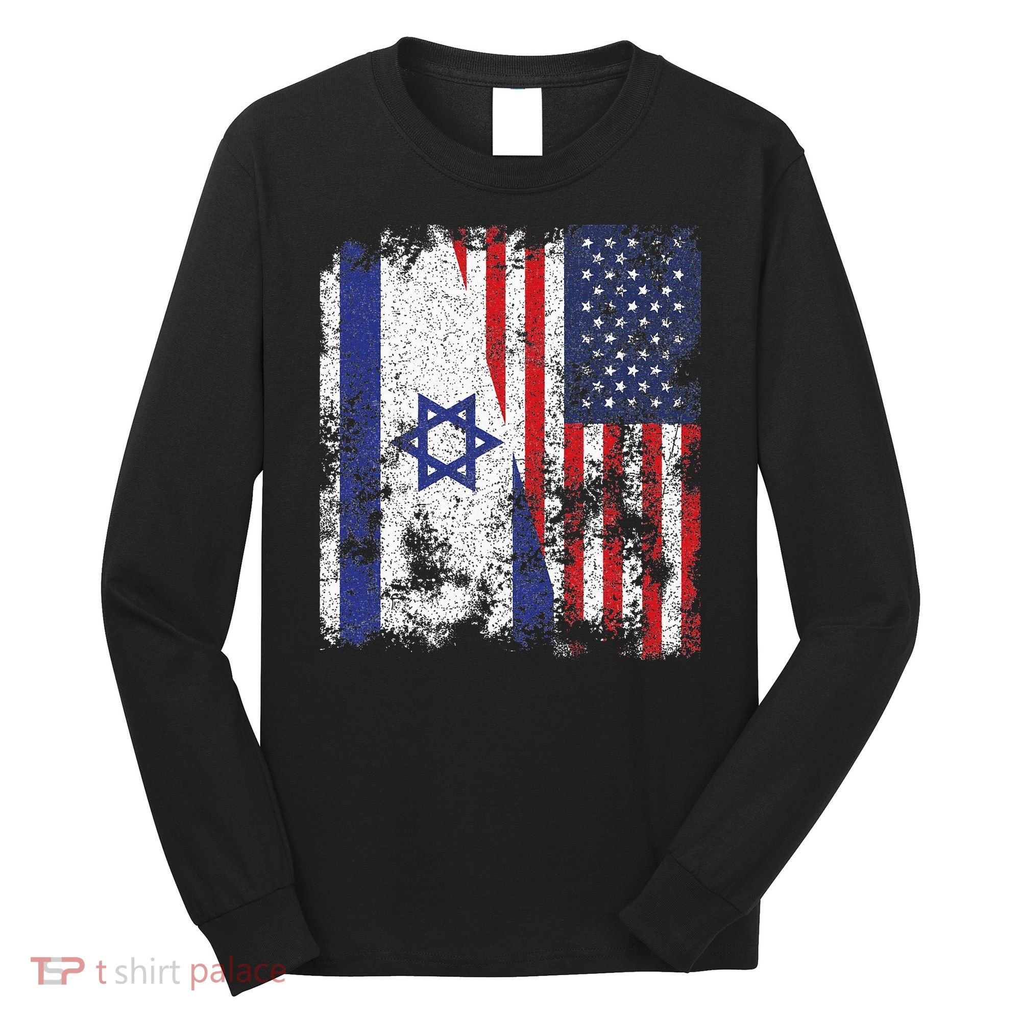 Israel USA Flag Distressed Half American Long Sleeve Shirt