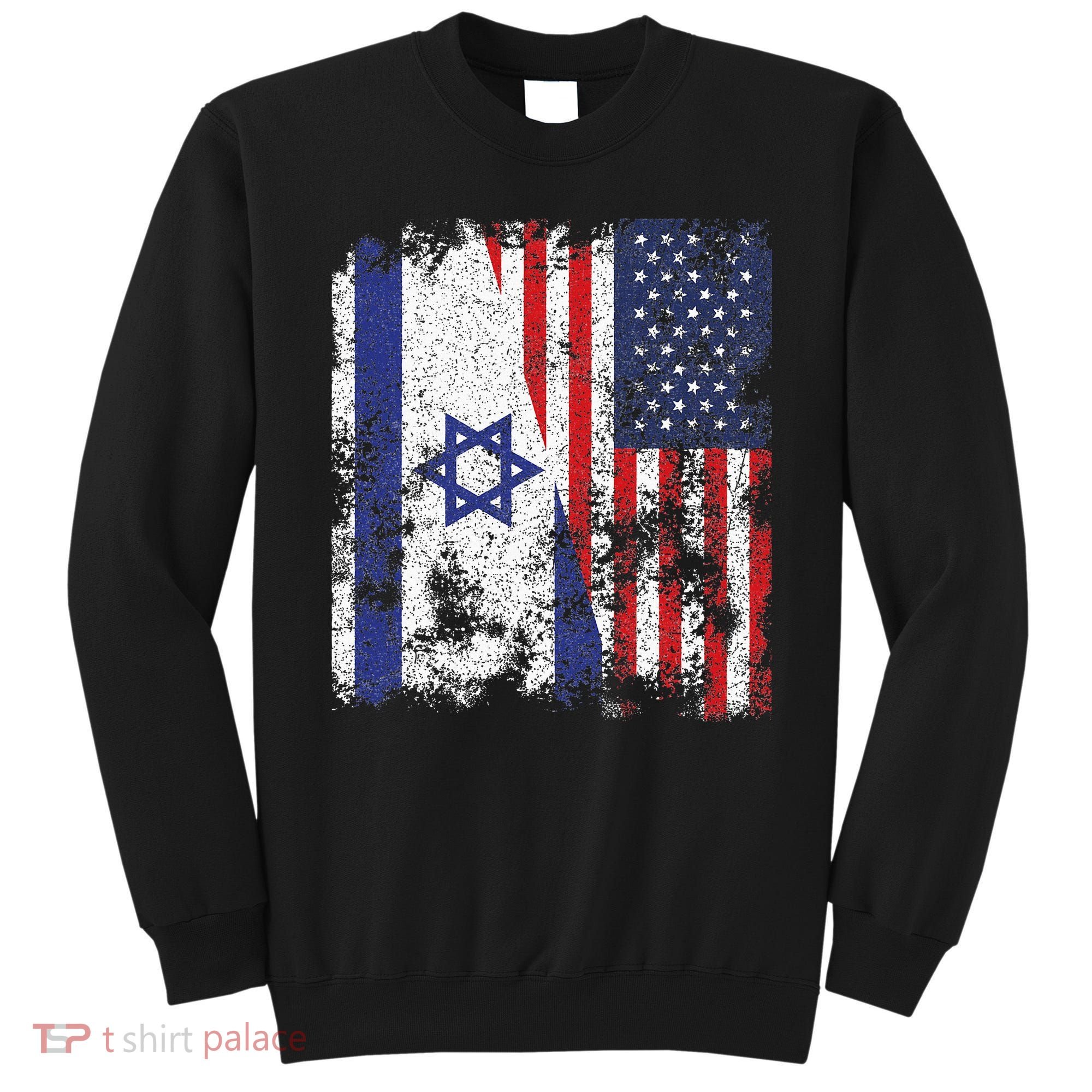 Israel USA Flag Distressed Half American Sweatshirt