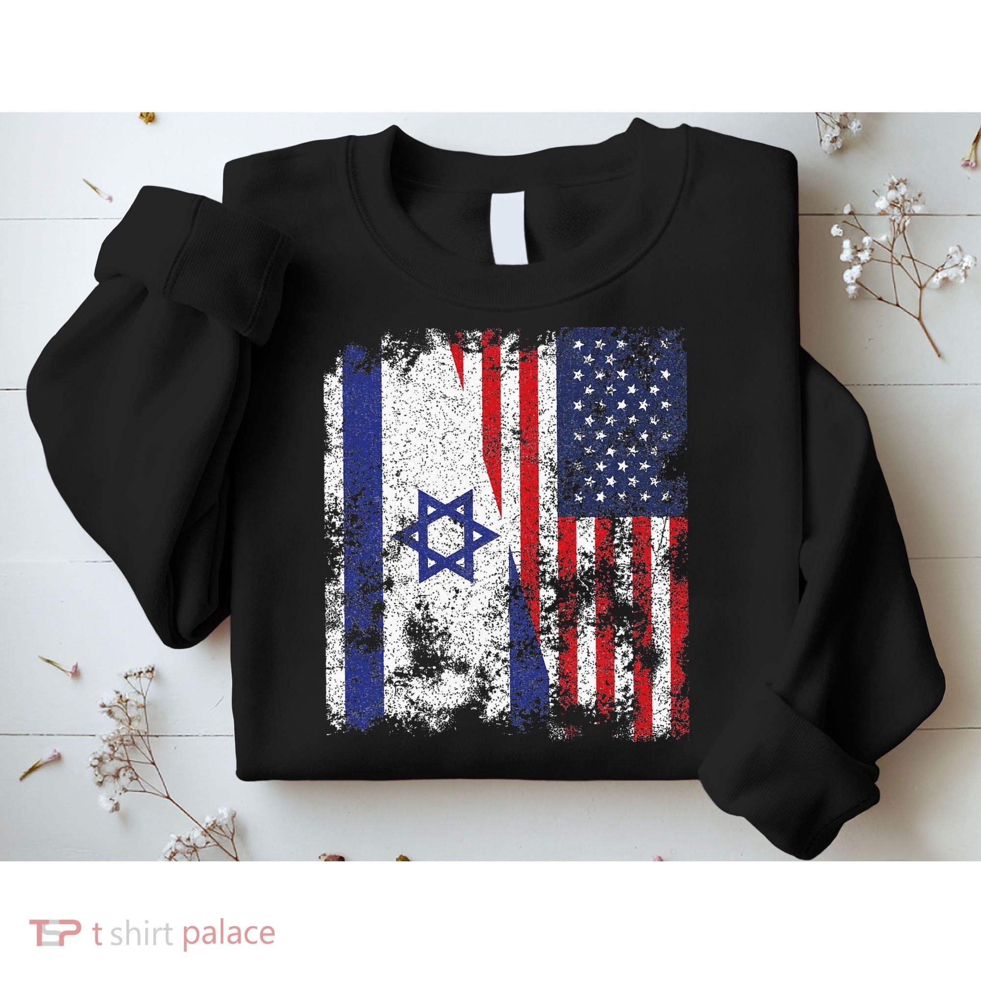 Israel USA Flag Distressed Half American Sweatshirt