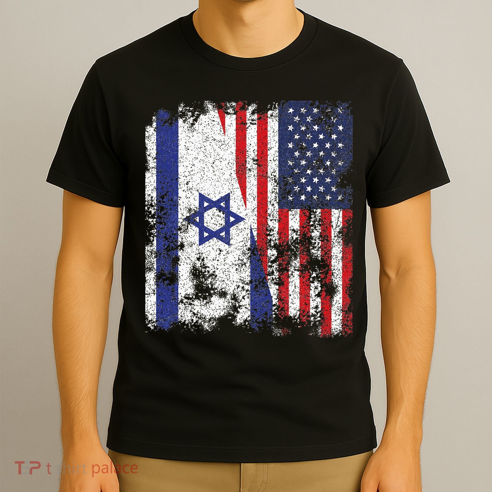Israel USA Flag Distressed Half American T-Shirt