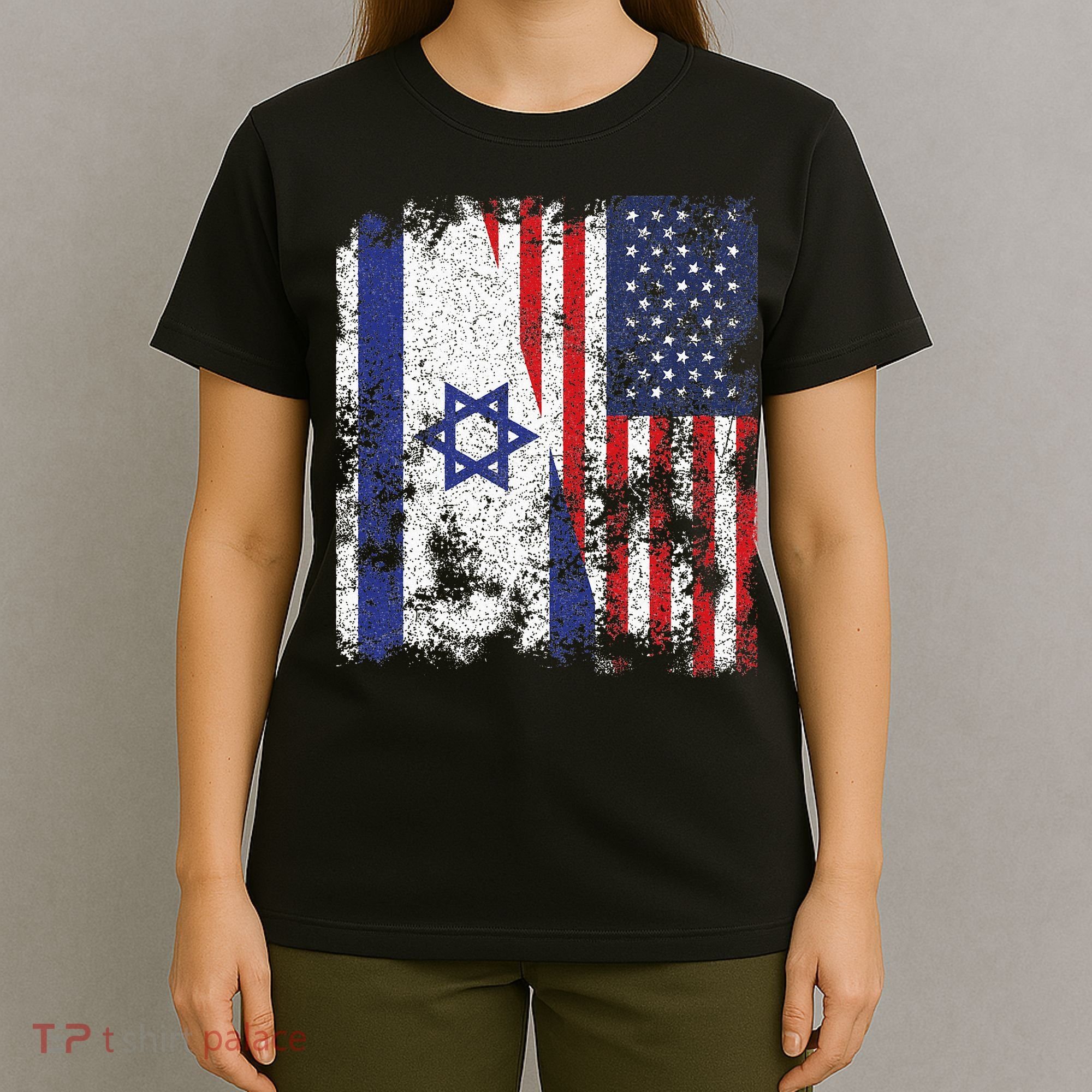 Israel USA Flag Distressed Half American T-Shirt