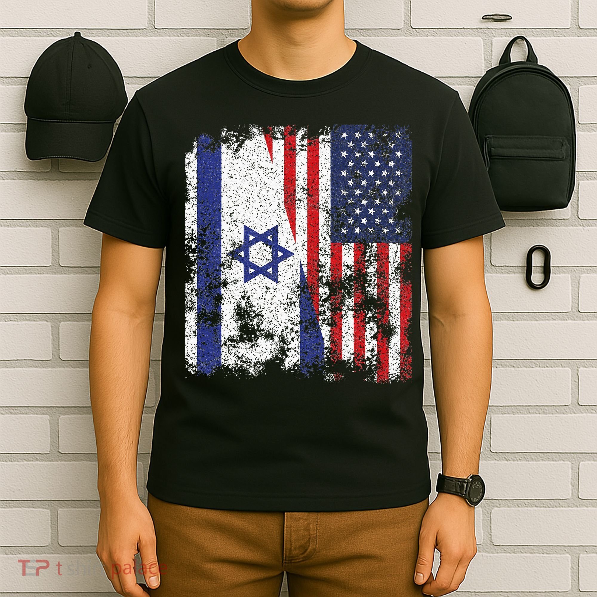 Israel USA Flag Distressed Half American T-Shirt