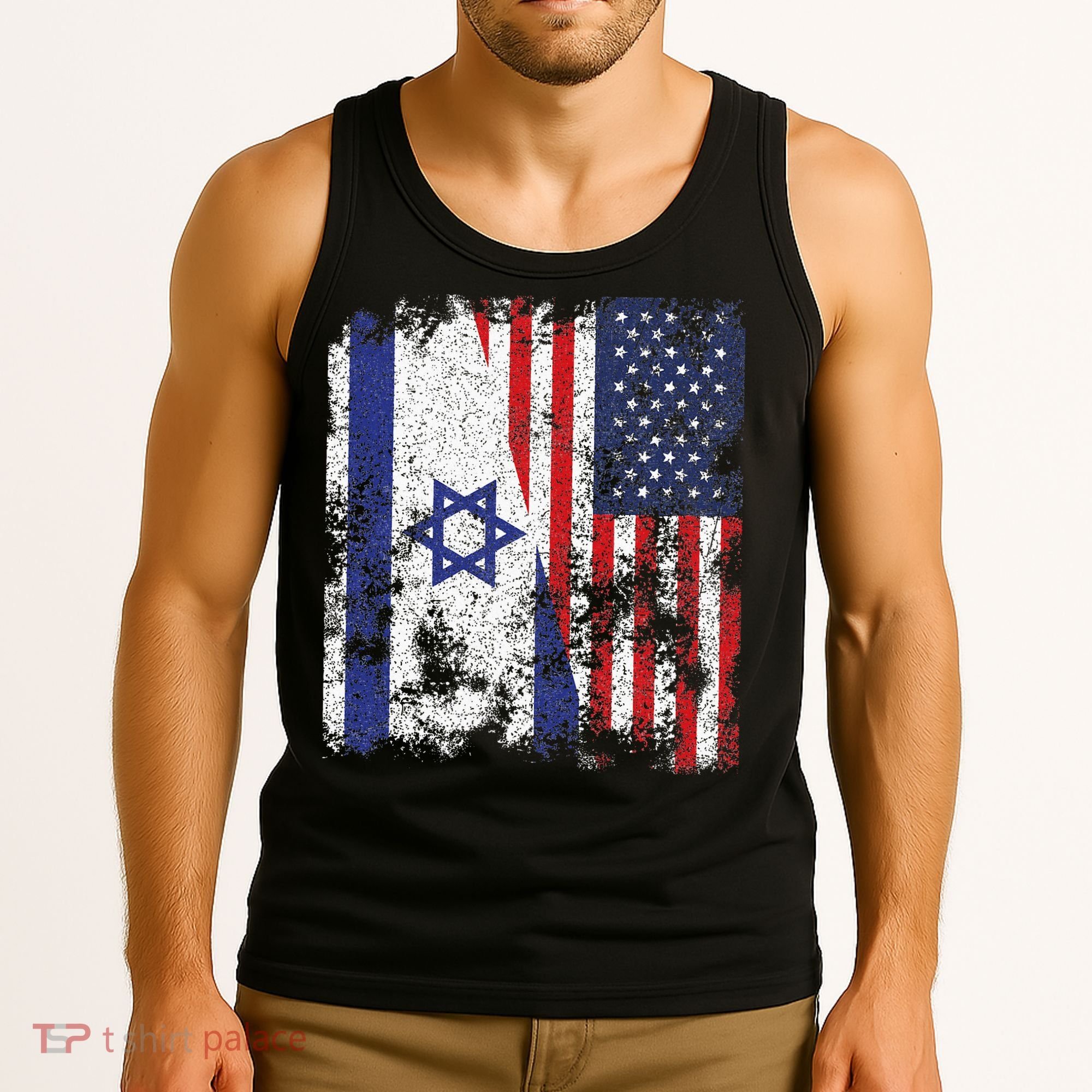Israel USA Flag Distressed Half American Tank Top