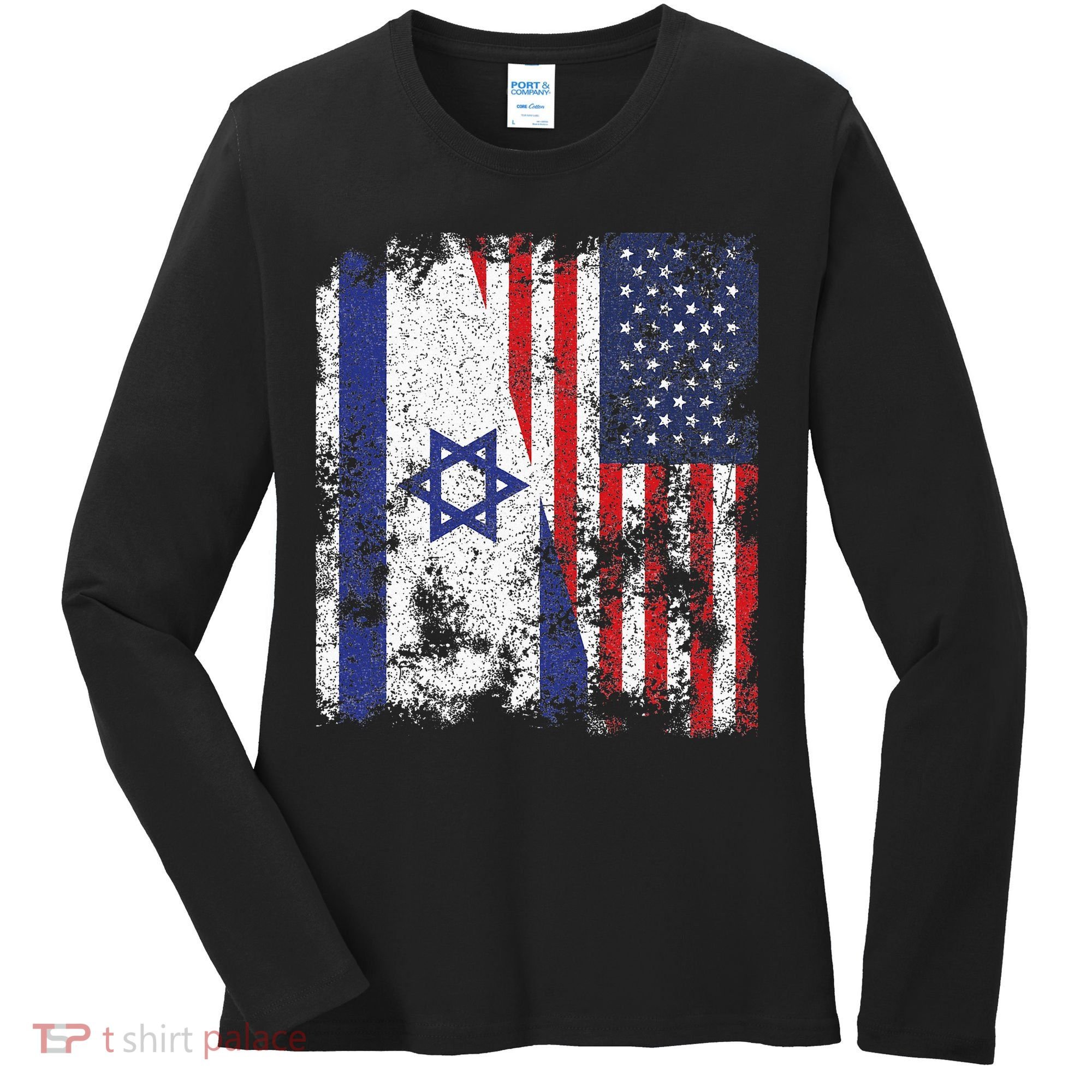 Israel USA Flag Distressed Half American Women's Long Sleeve Shirt