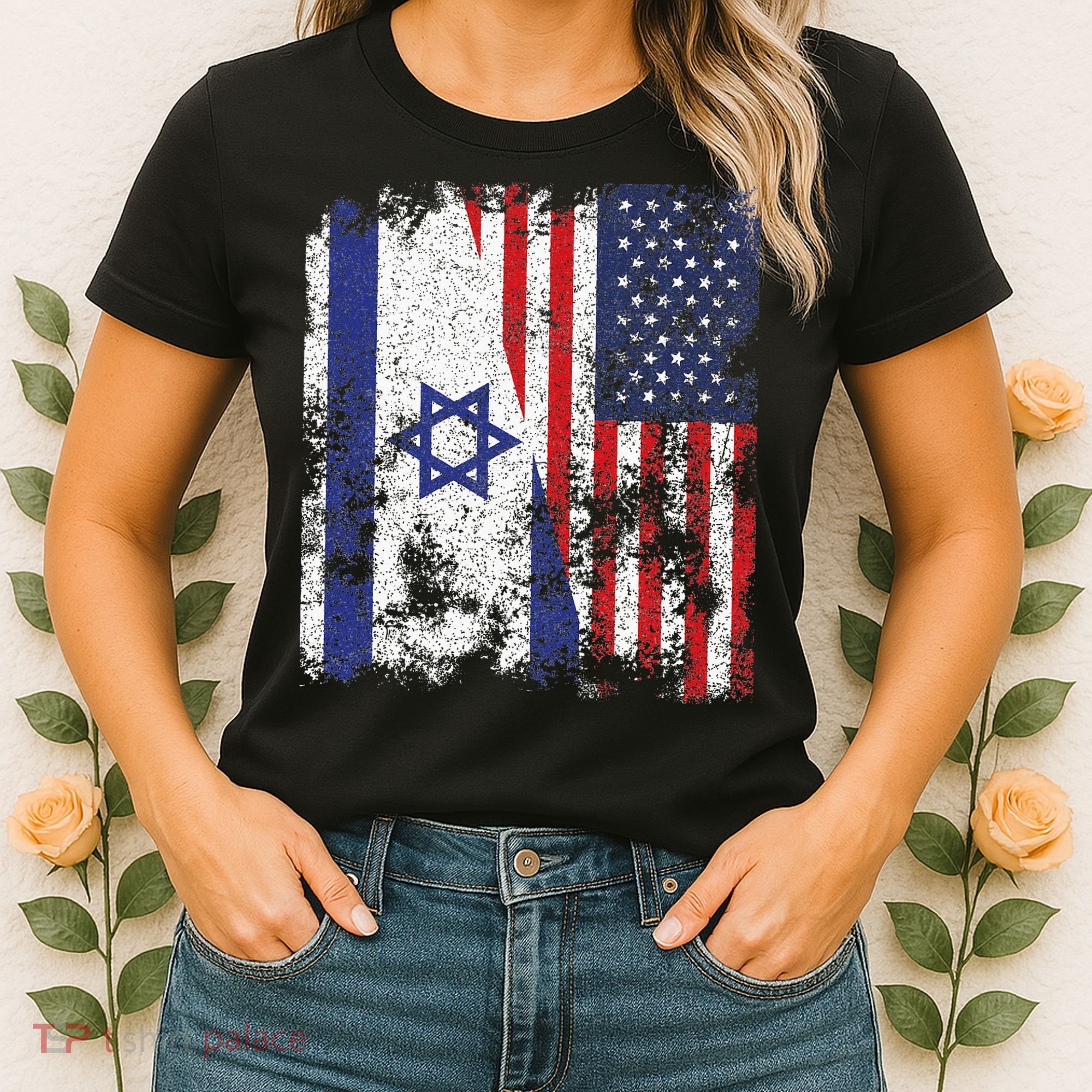 Israel USA Flag Distressed Half American Women's T-Shirt